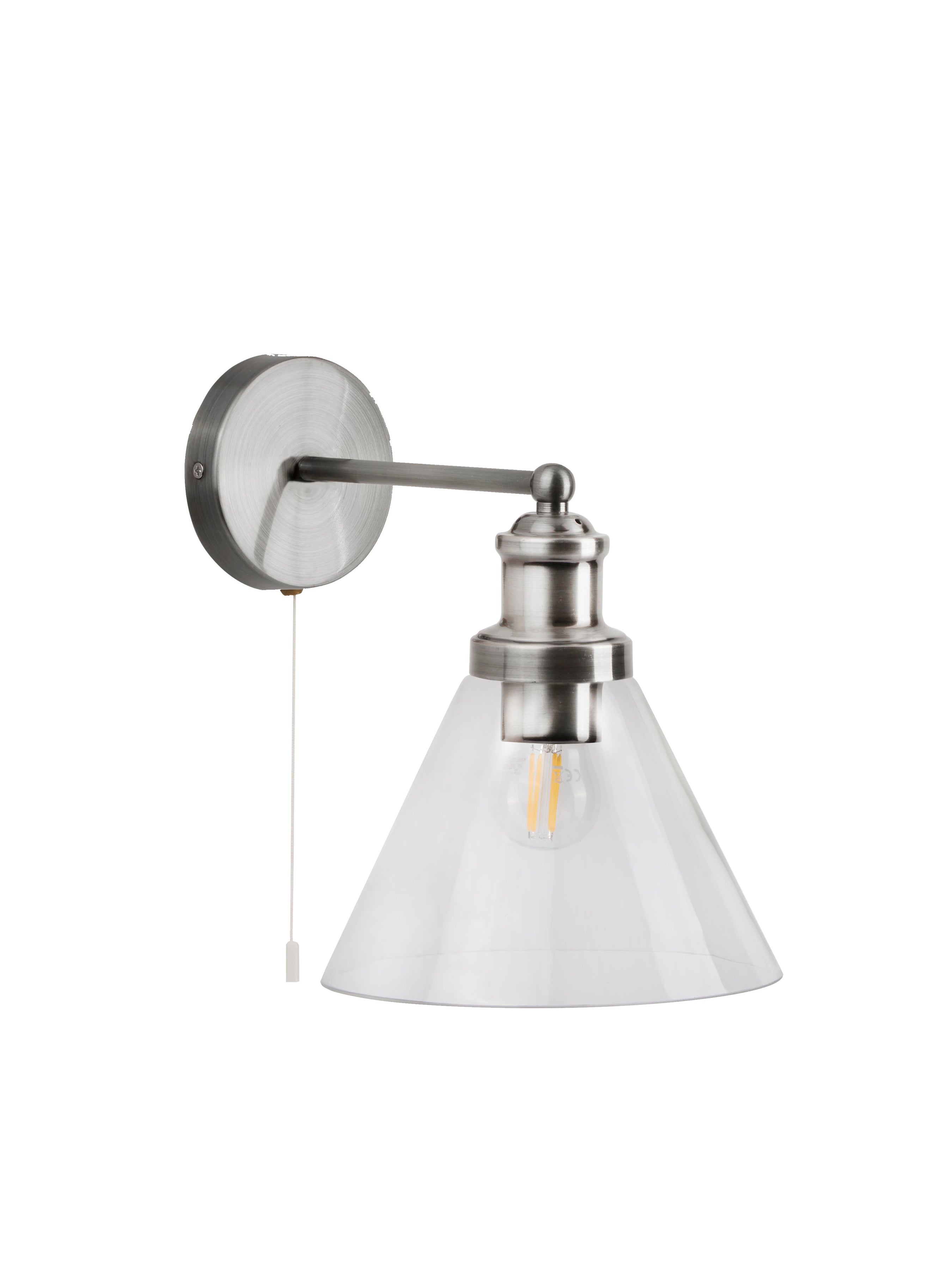 Searchlight Picton Wall Light - Satin Silver, Clear Glass Shade