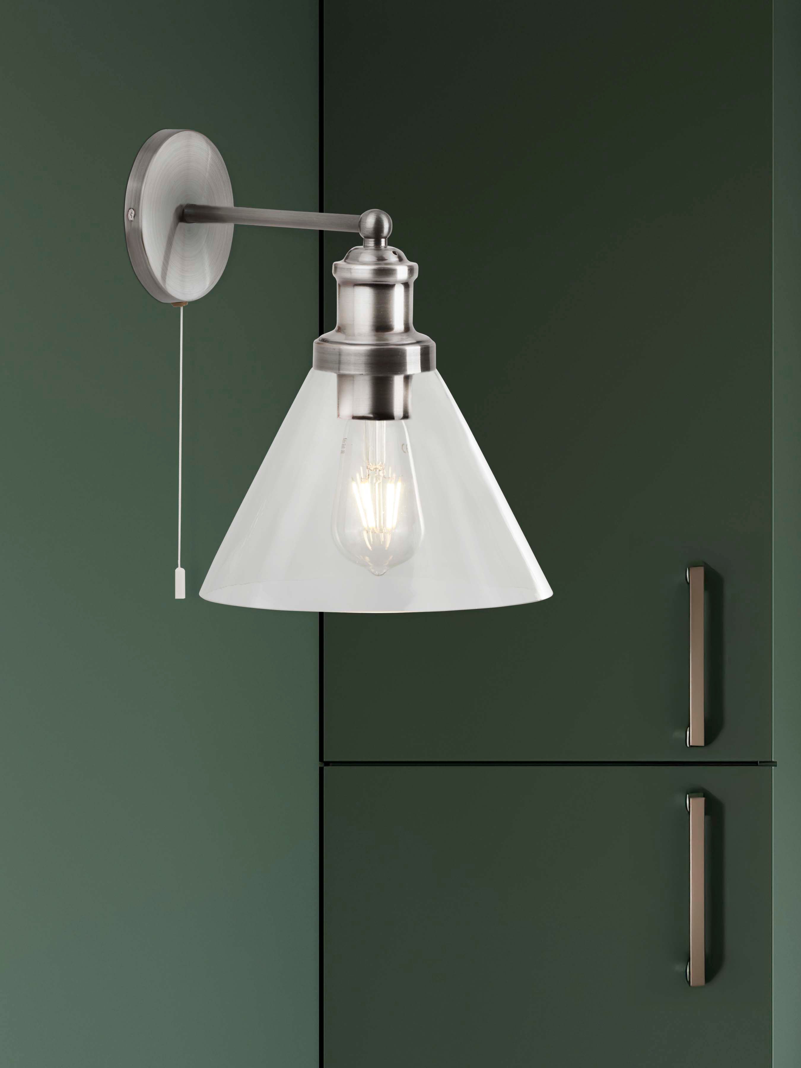 Searchlight Picton Wall Light - Satin Silver, Clear Glass Shade