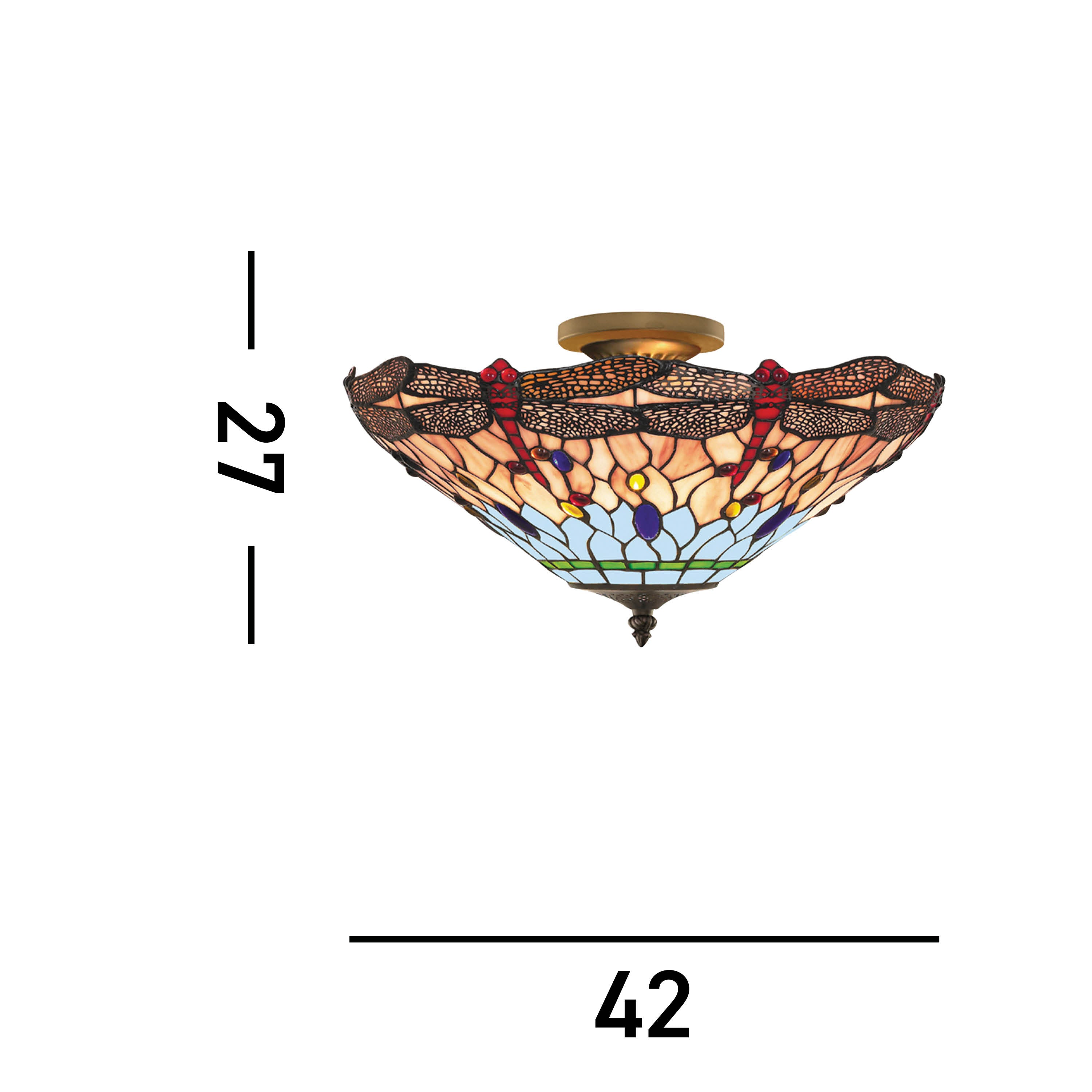 Searchlight Darwen Dragonfly - Single Semi-Flush Ceiling Fitting, Antique Brass, Tiffany Glass