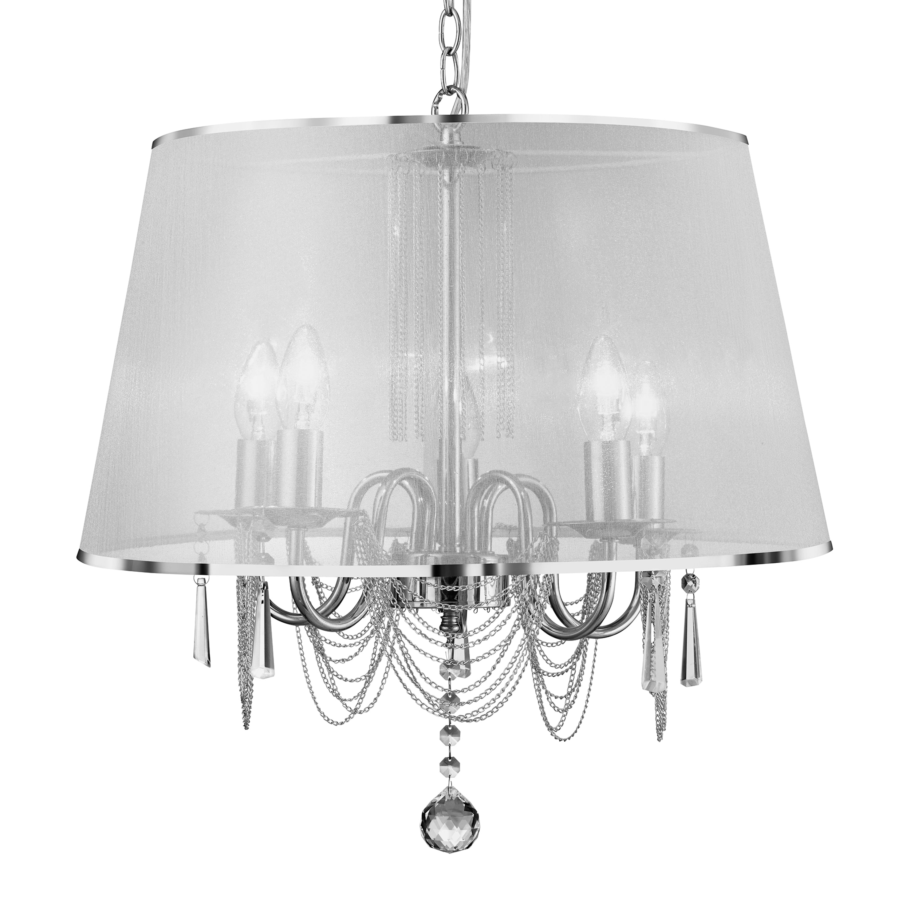 Searchlight Veralum - 5 Light Ceiling, Chrome, Chain Link, Clear Crystal Glass, White Voile Shade