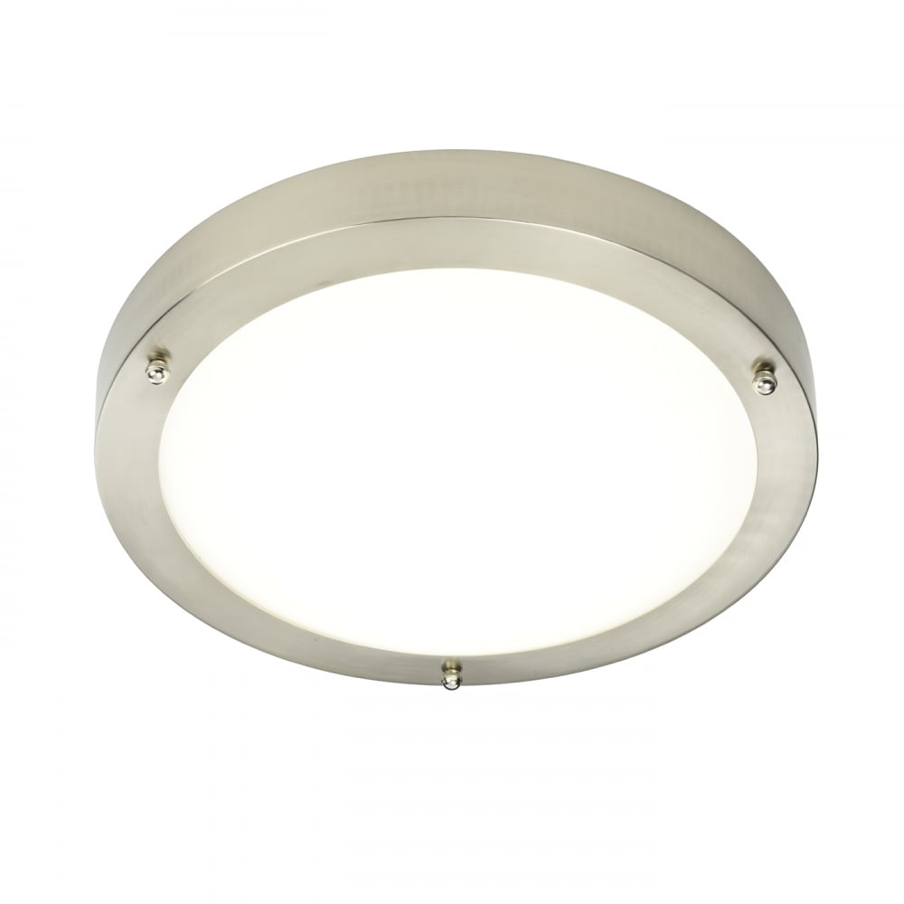 Saxby Portico LED 300mm Flush Fitting IP44 - Satin nickel & frosted glass