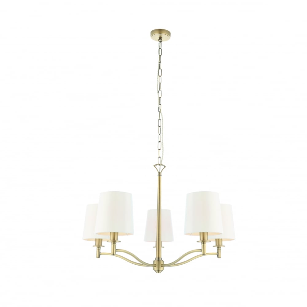 Endon Ortona 5 Light Pendant  - Matt Antique Brass Plate & Vintage White Fabric