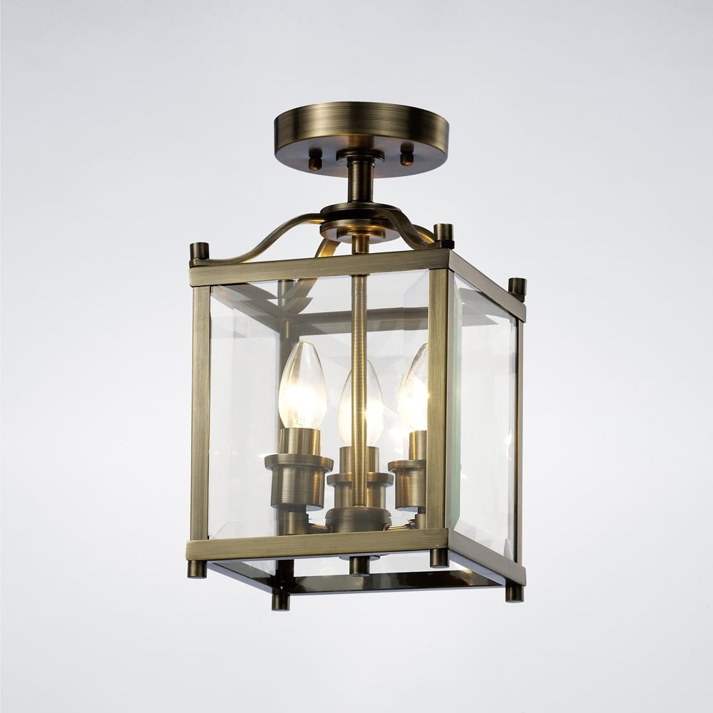 Diyas IL31110 Aston Semi Ceiling 3 Light Antique Brass/Glass