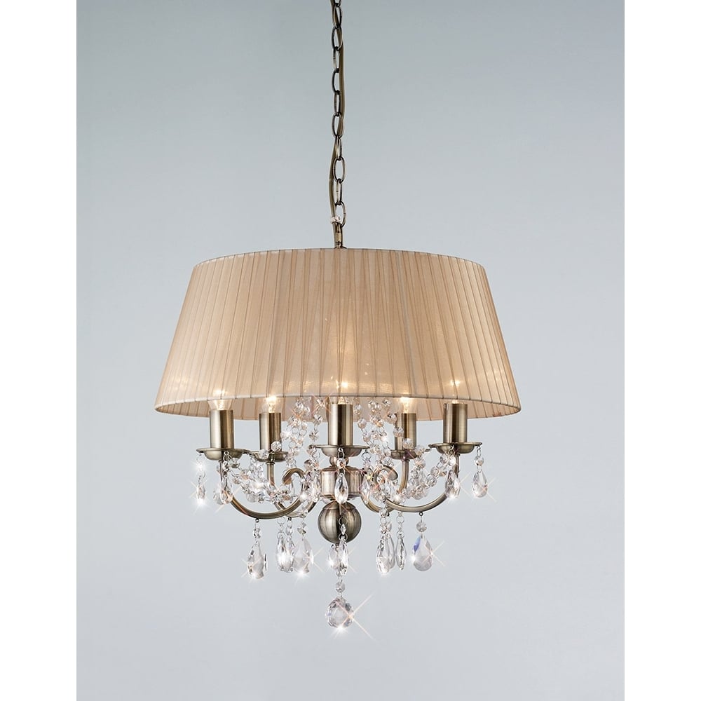 Diyas IL30047 Olivia Pendant With Soft Bronze Shade 5 Light Antique Brass/Crystal