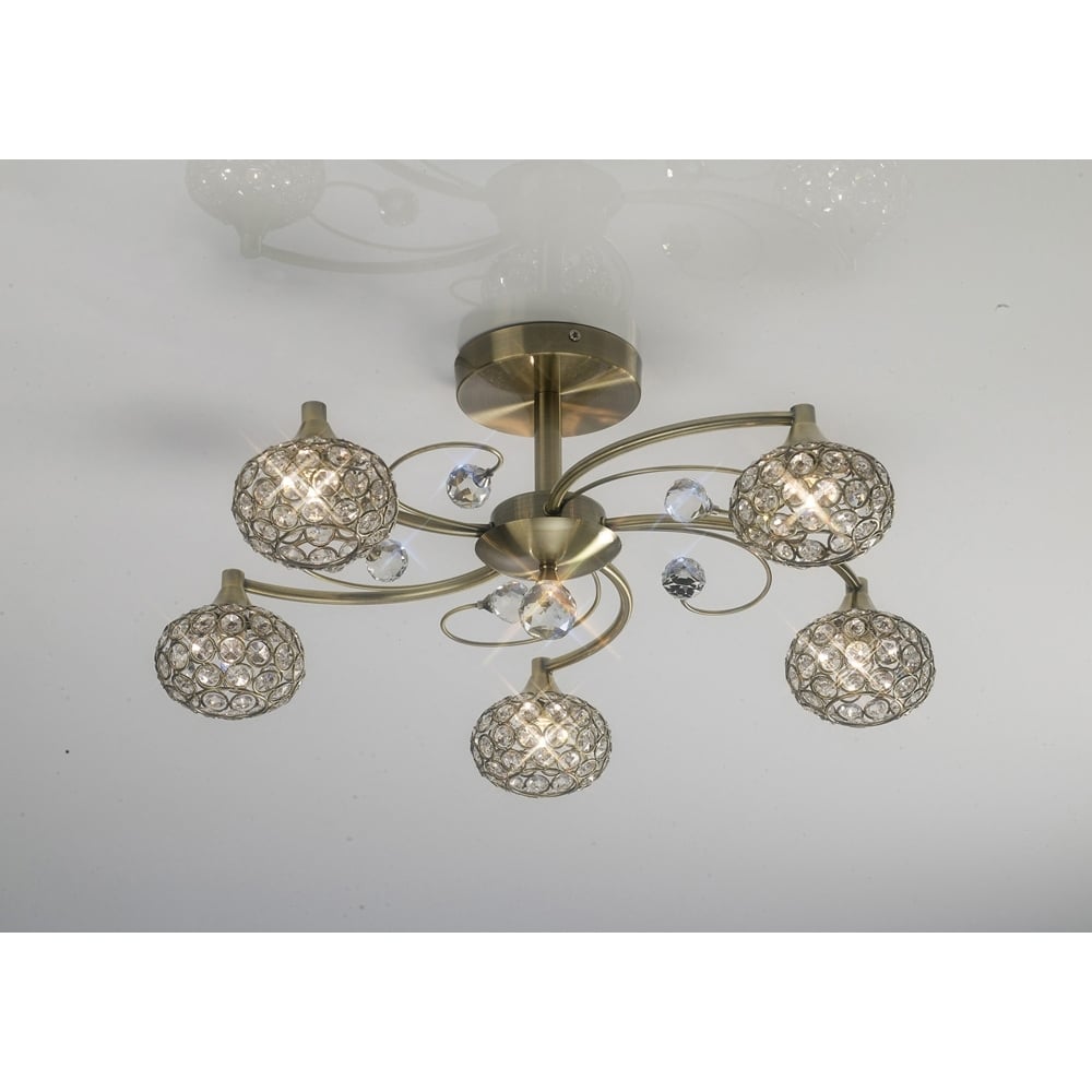 Diyas IL30945 Cara Semi Ceiling 5 Light Antique Brass/Crystal
