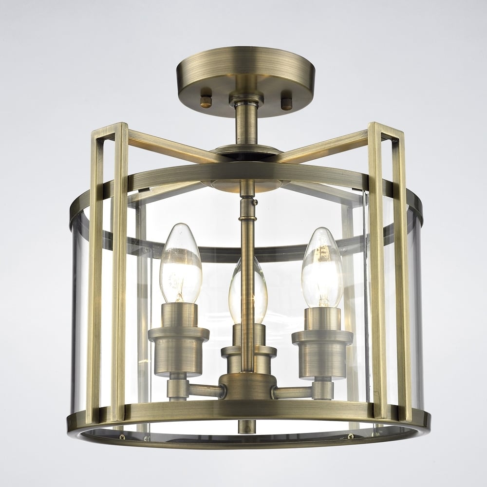 Diyas IL31090 Eaton Semi Ceiling 3 Light Antique Brass/Glass