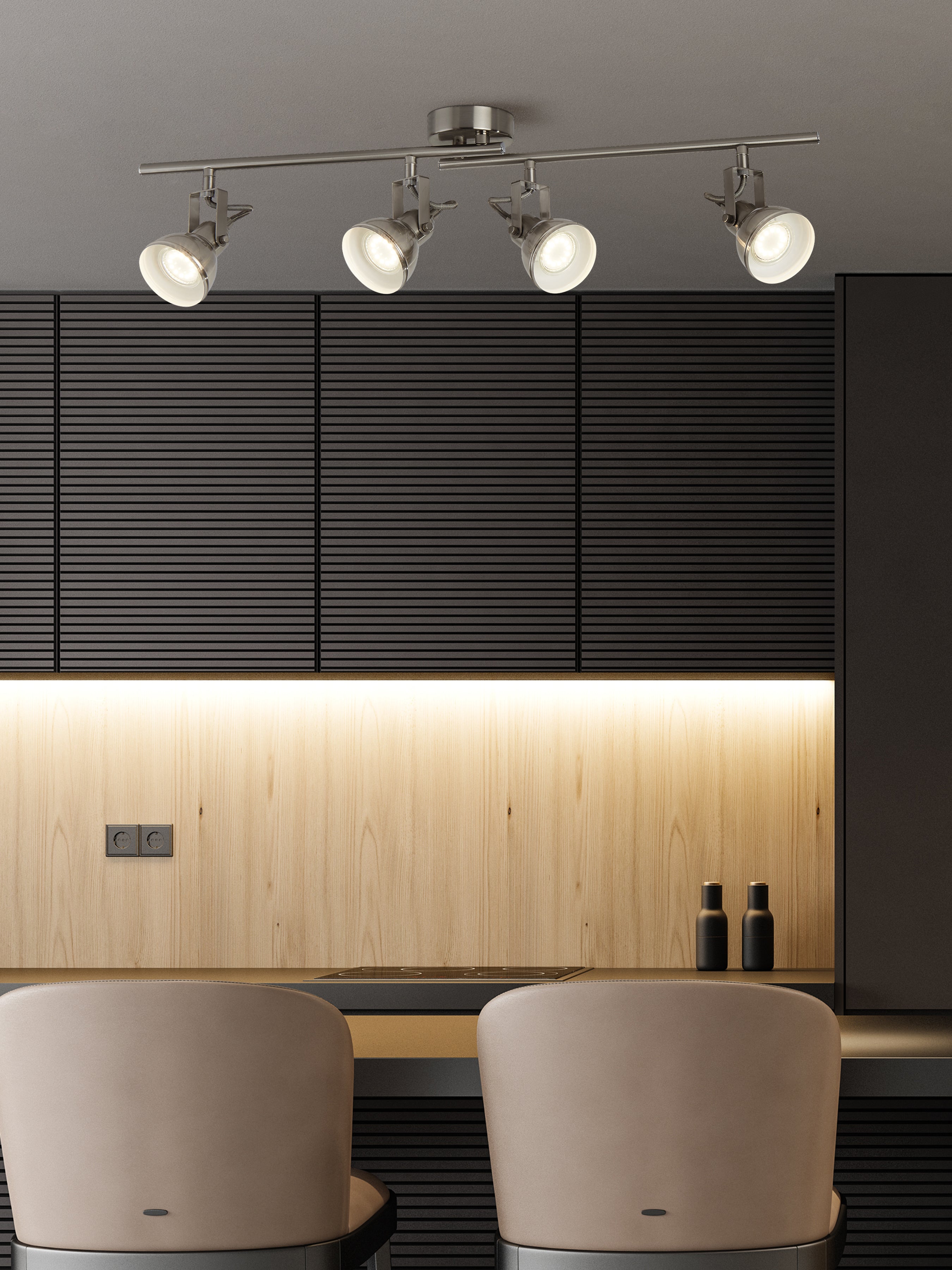 Searchlight Fielding 4 Light Satin Silver Industrial Spotlight Adjustable Bar