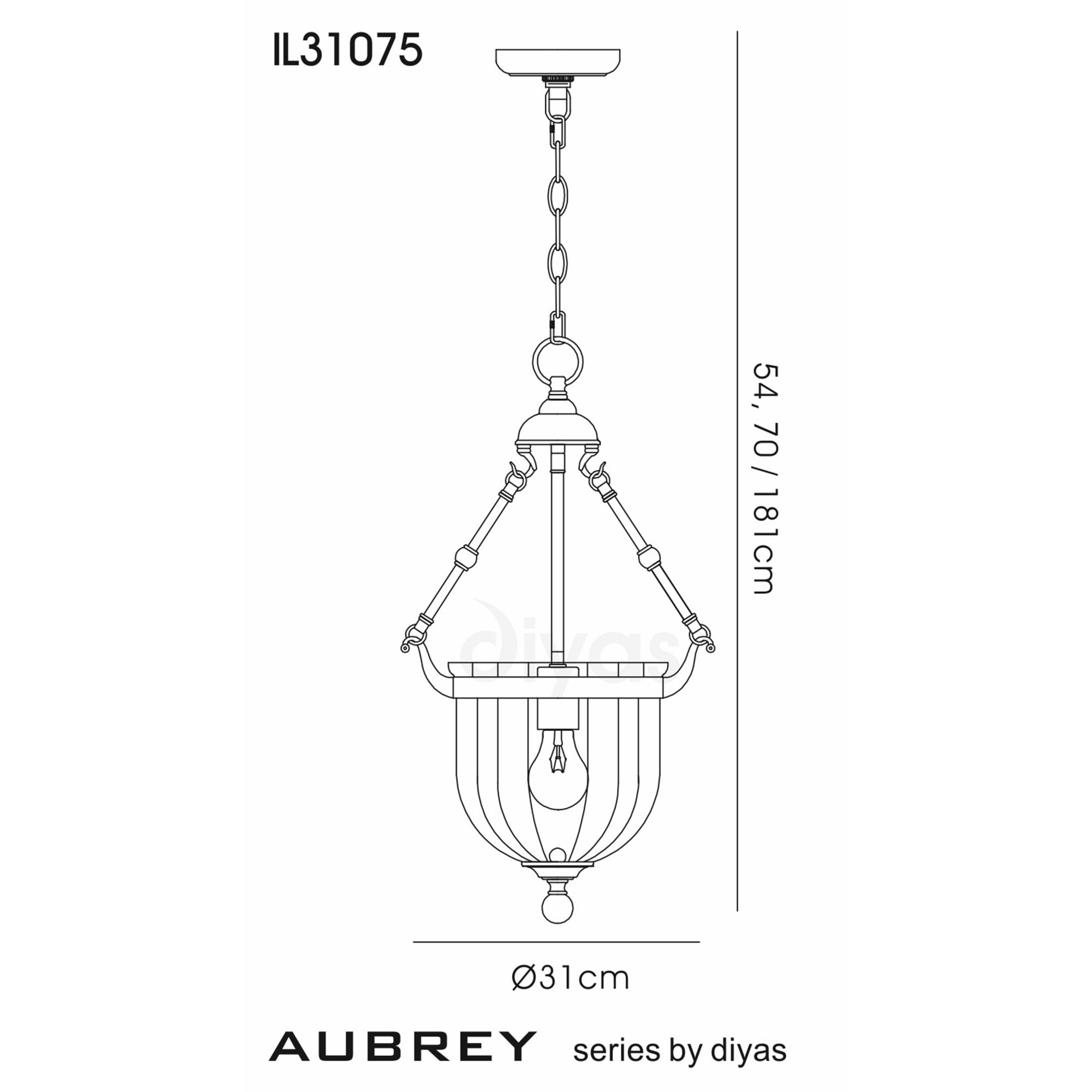 Diyas IL31075 Aubrey Pendant 1 Light Antique Brass/Glass