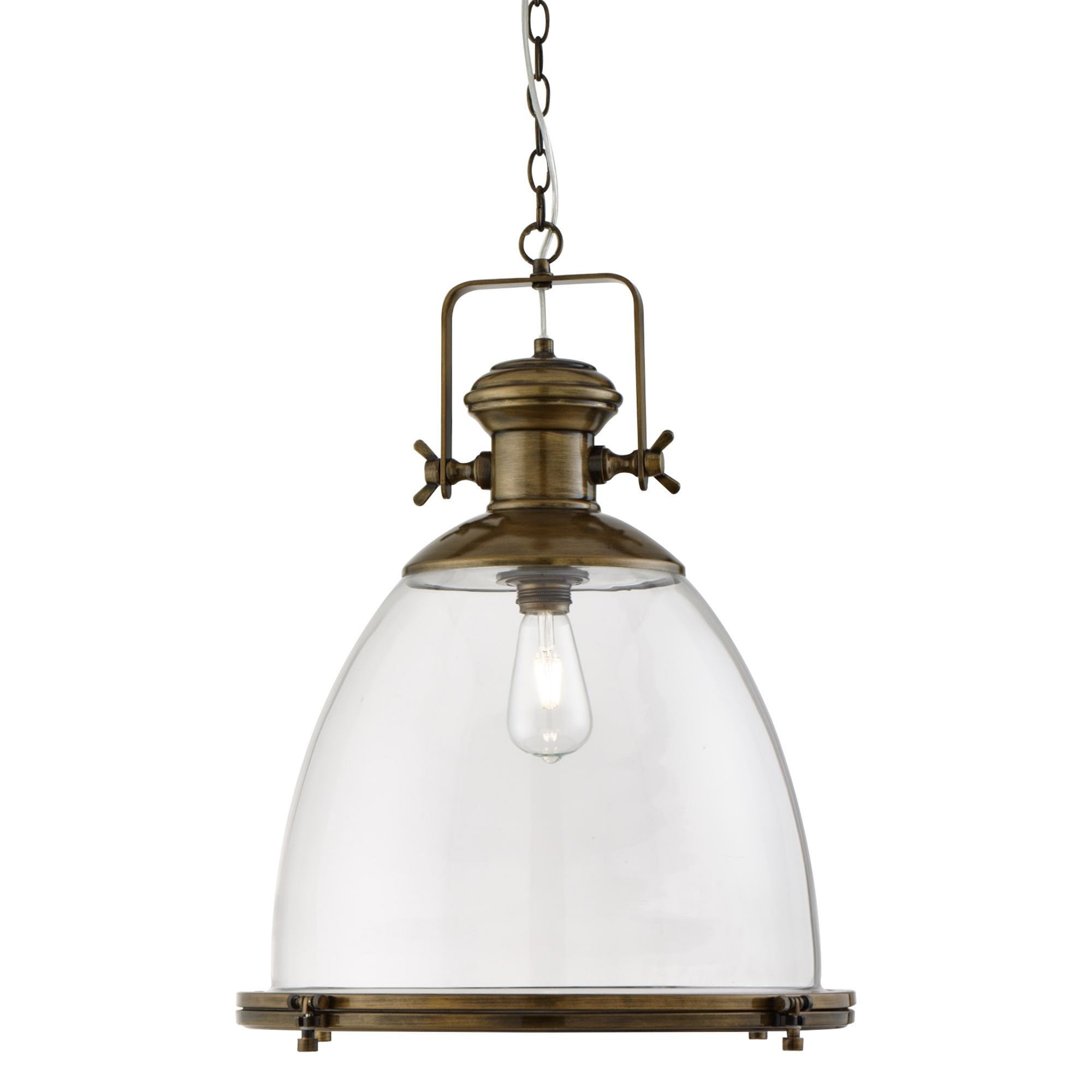 Searchlight Ireton Pendant Large Single, Painted Antique Brass, Clear Glass