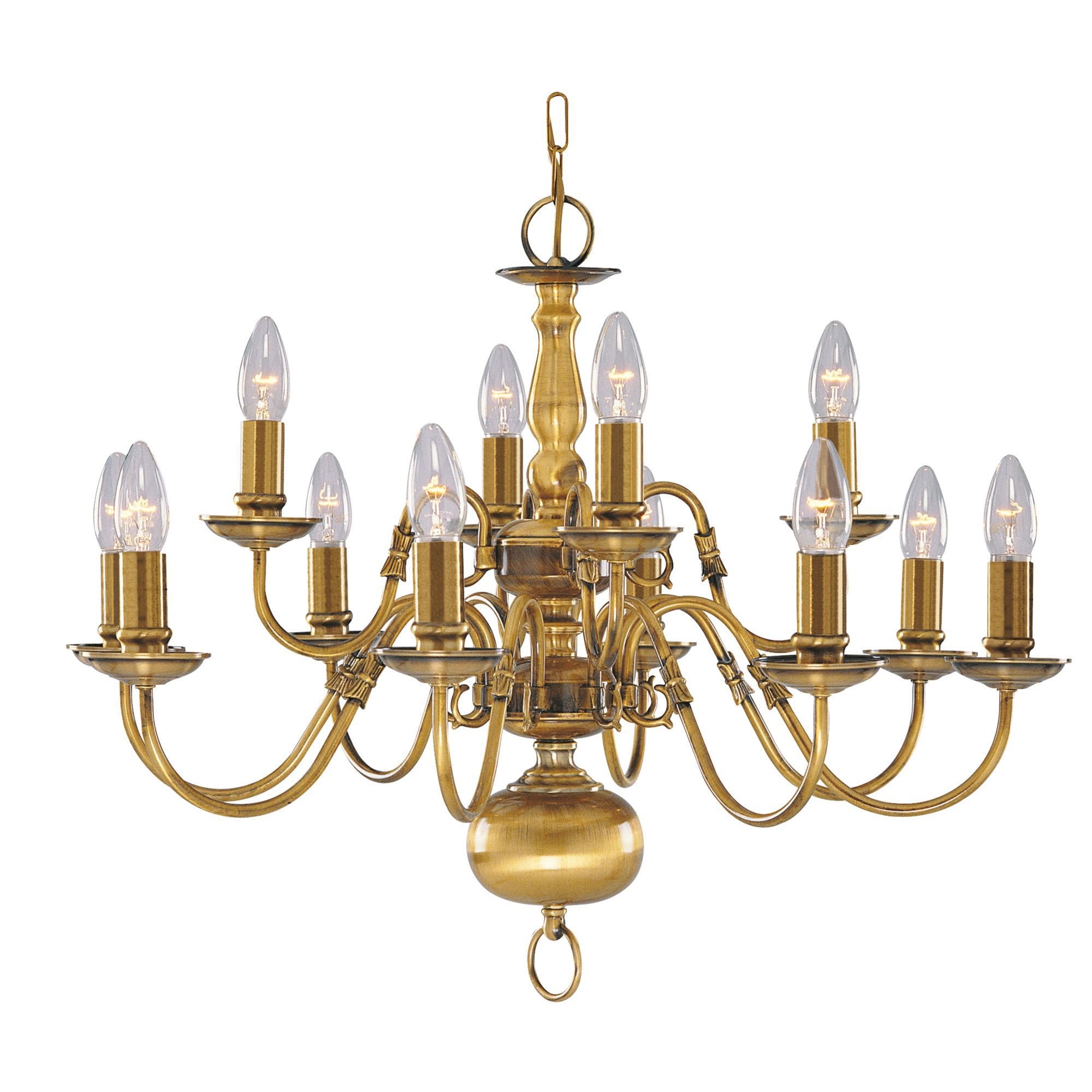 Searchlight Fearnside Solid Antique Brass 12 Light Chandelier With Metal Candle Covers
