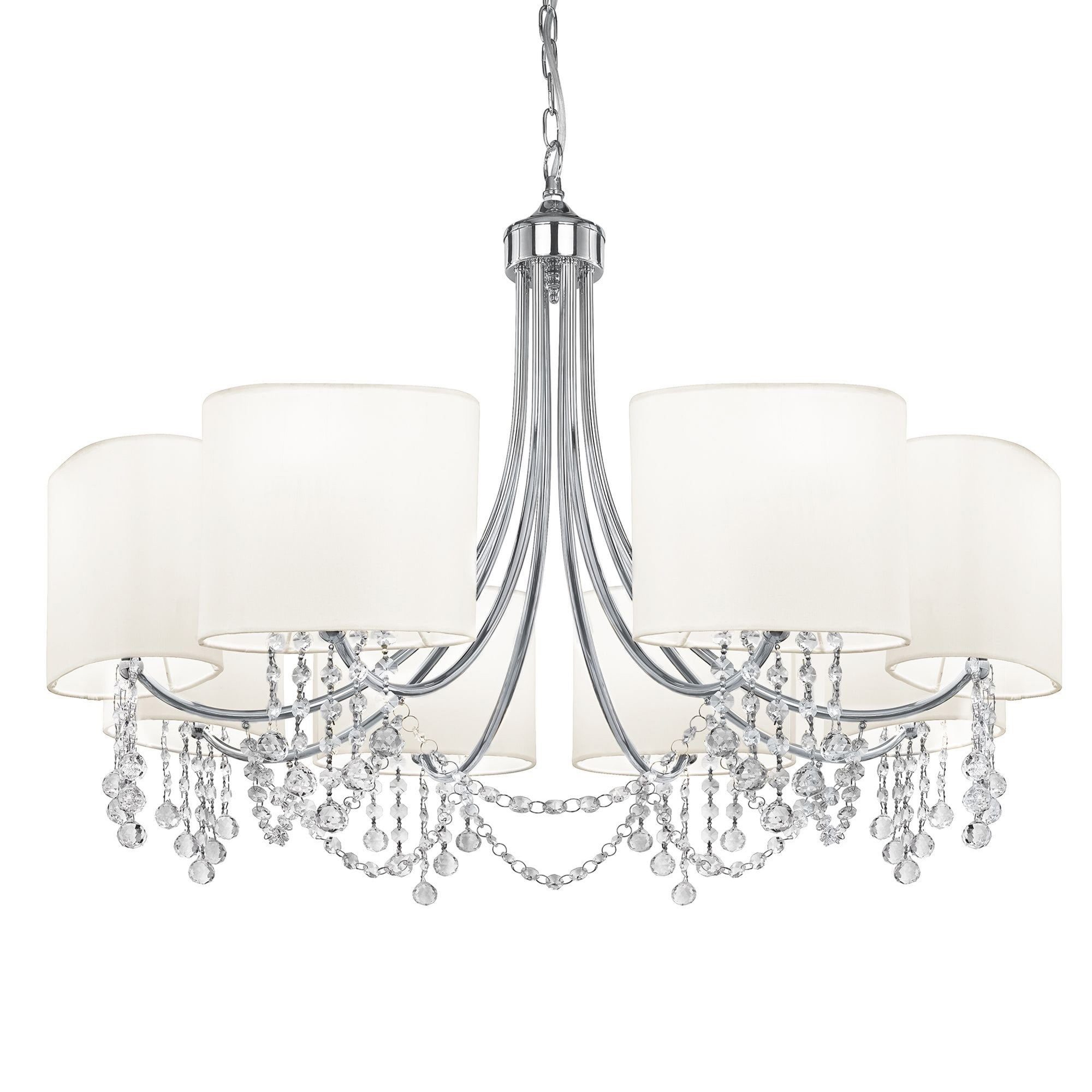 Searchlight Netley - 8 Light Ceiling, Chrome, Clear Crystal, White Shades