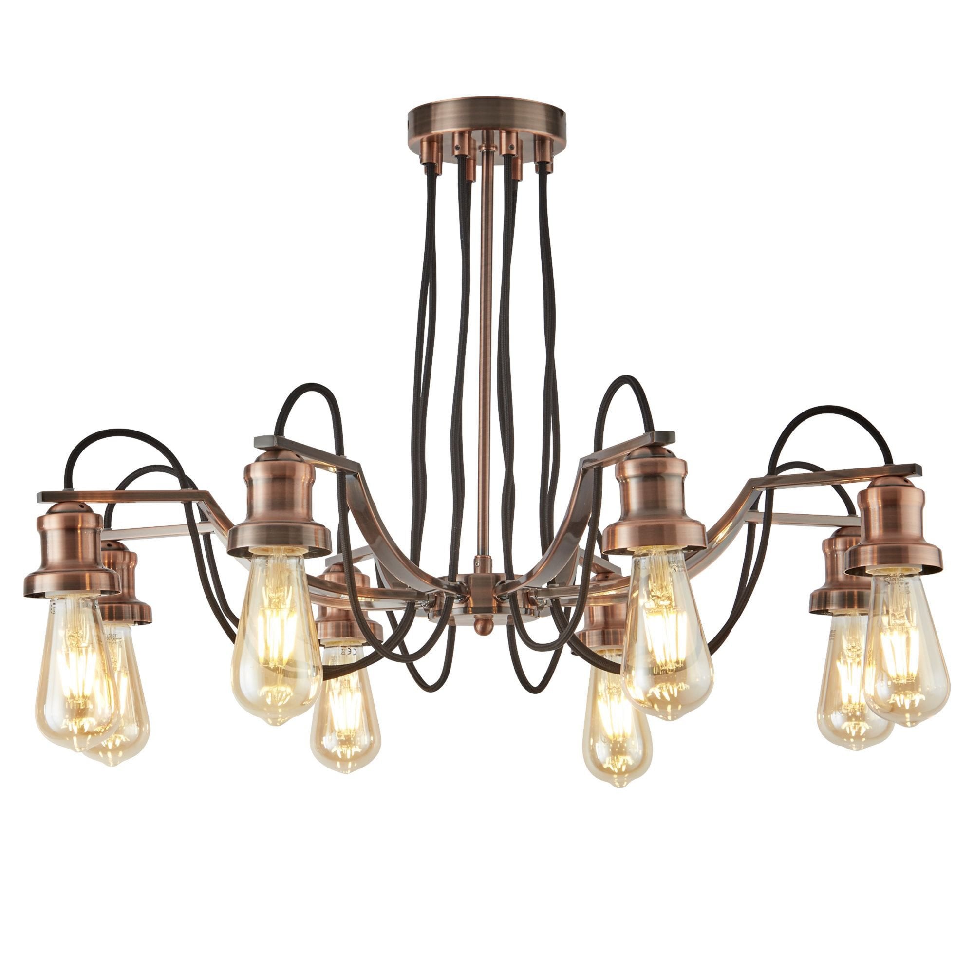 Searchlight Oban 8 Light Ceiling Fitting, Black Braided Fabric Cable, Antique Copper