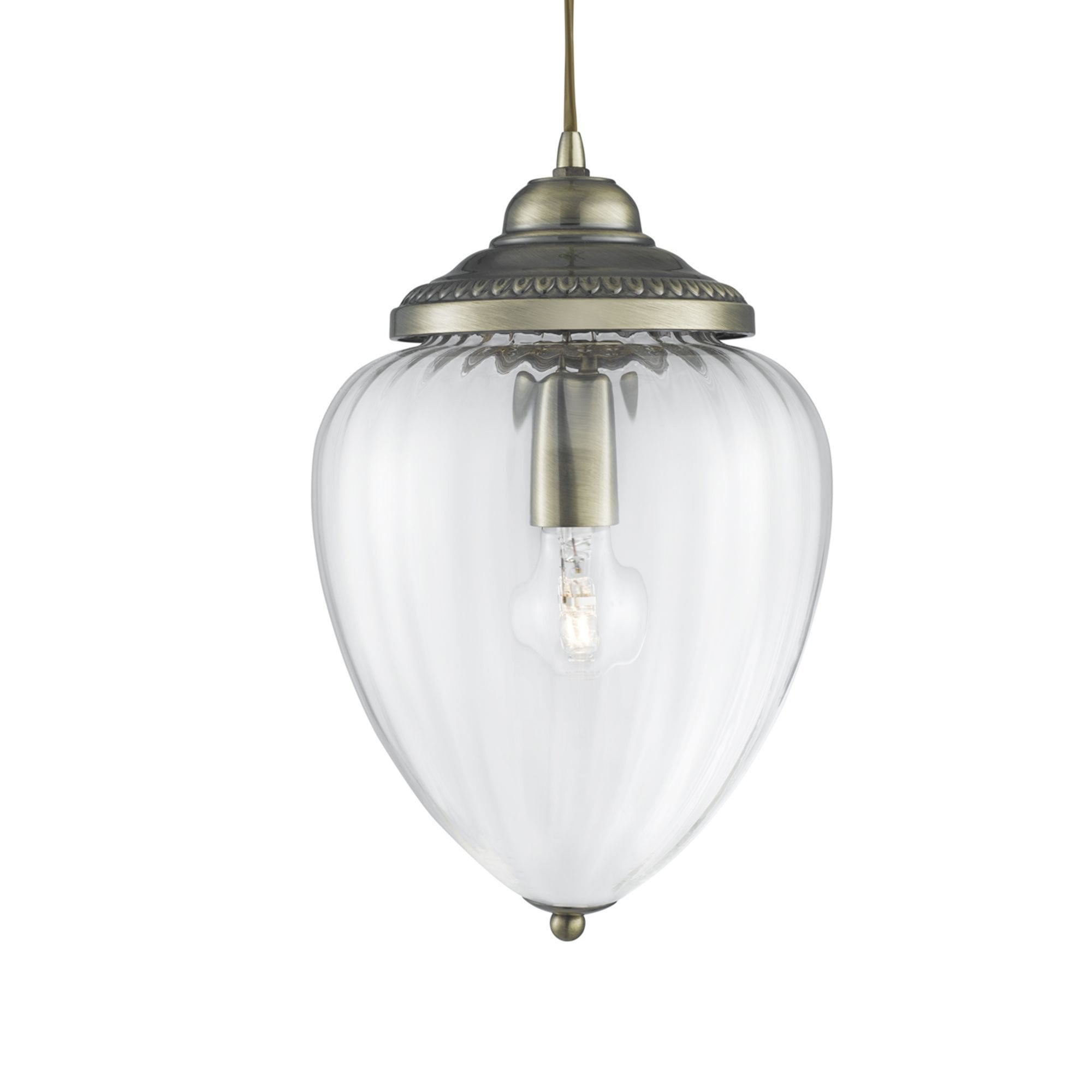 Searchlight Pembroke Single Pendant, Antique Brass, Clear Ribbed Glass