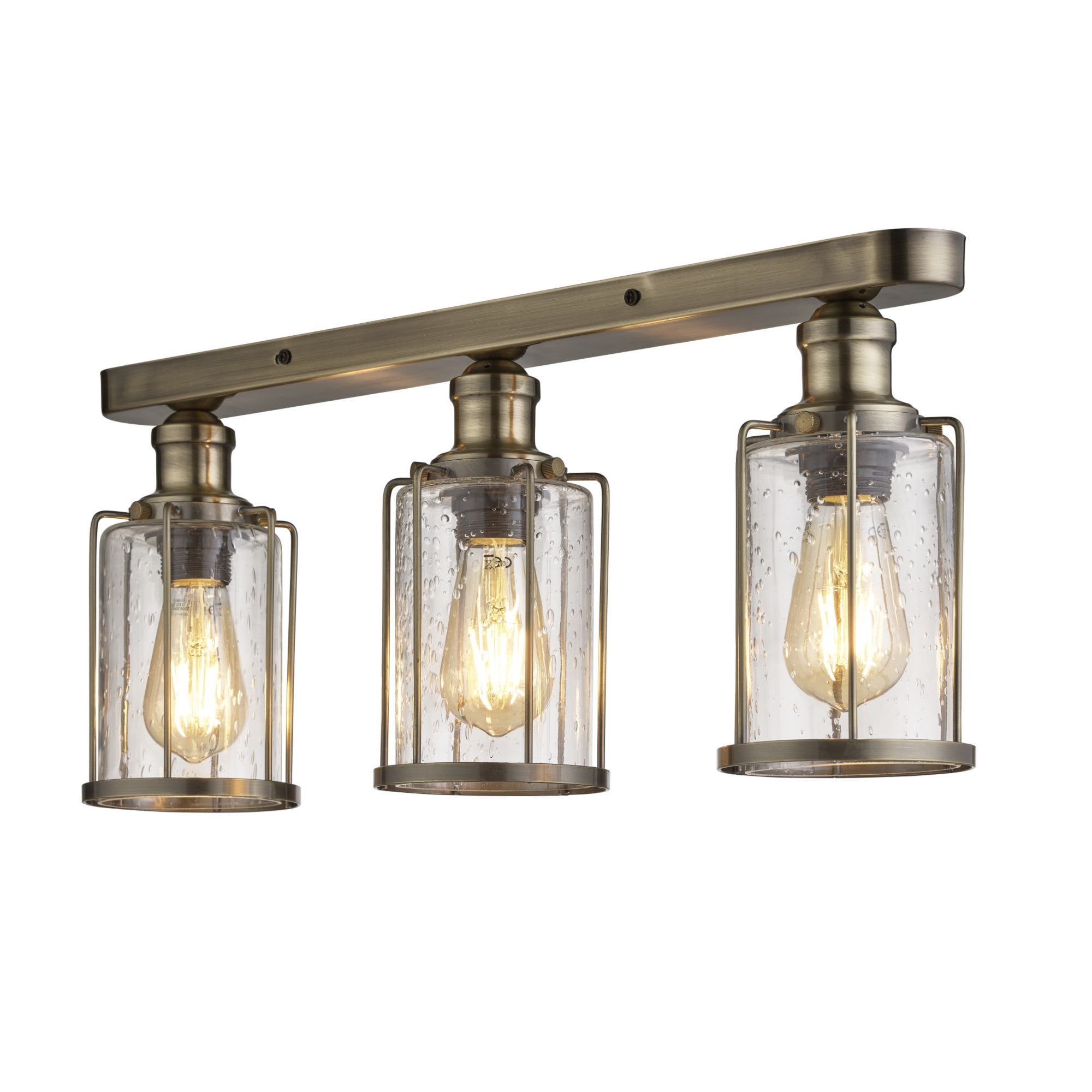 Searchlight Peach 3 Light Flush Antique Brass With Seeded Glass
