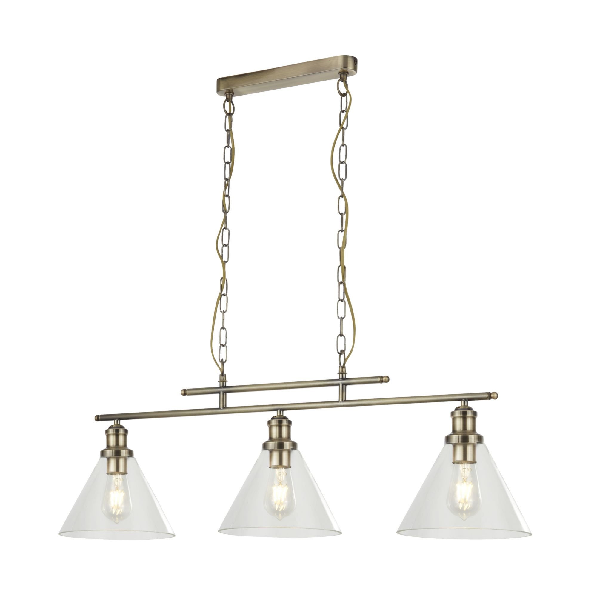 Searchlight Picton 3 Light Pendant Antique Brass, Clear Glass Shade