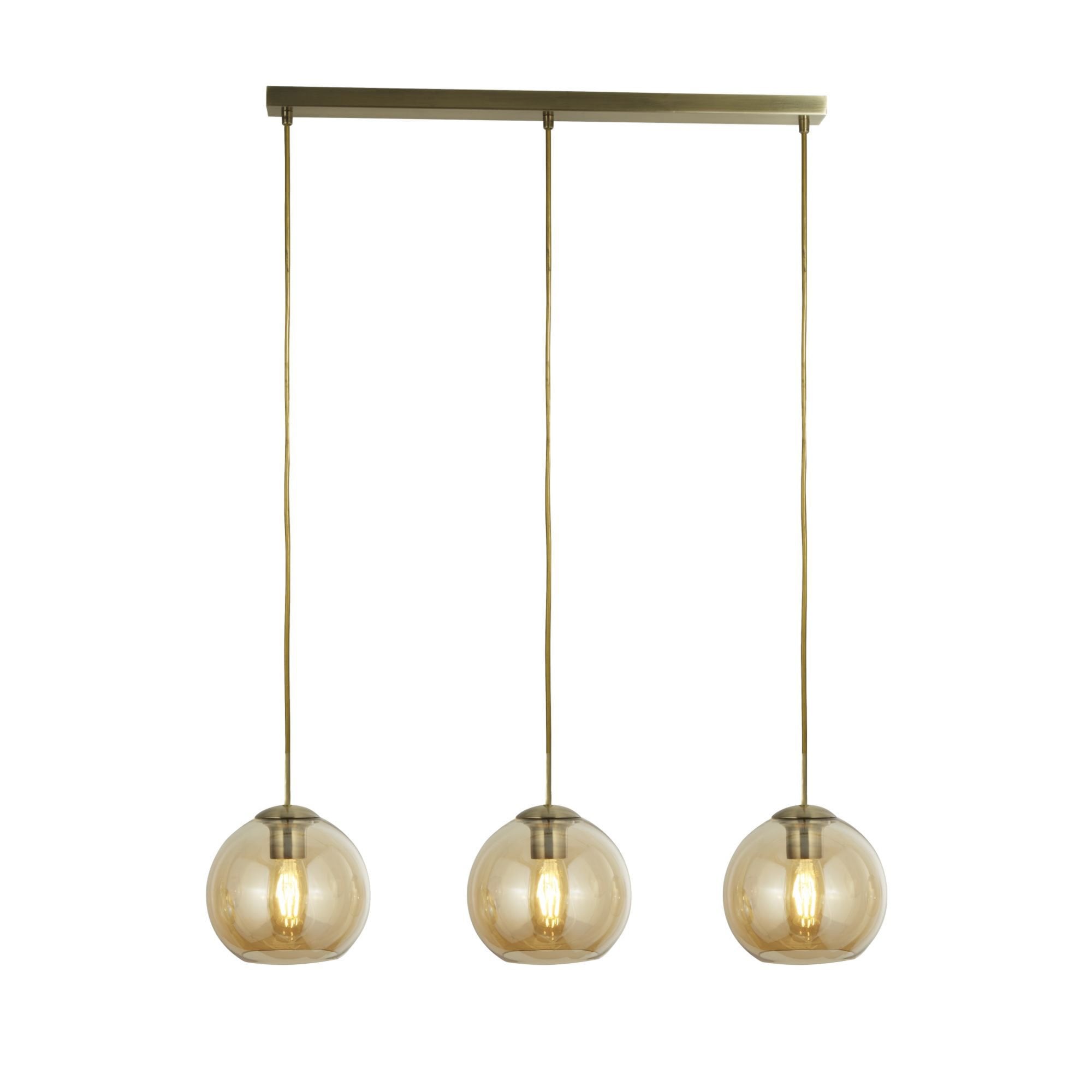 Searchlight Pendant 3 Light Bar, Antique Brass With Amber Glass