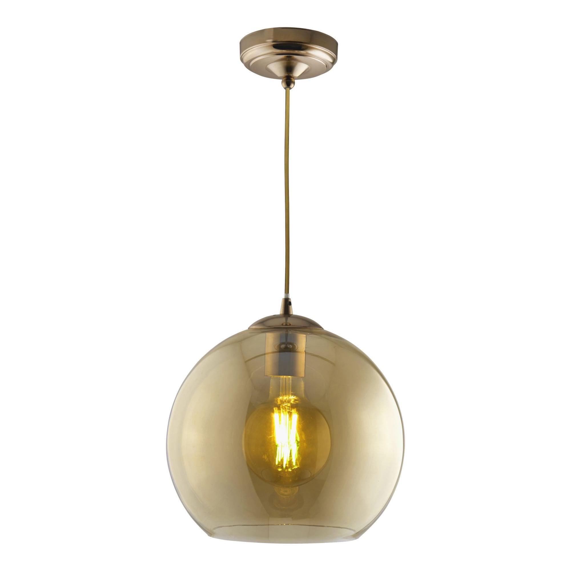 Searchlight Baines Single Round Pendant (30cm Diameter), Amber Glass, Antique Brass