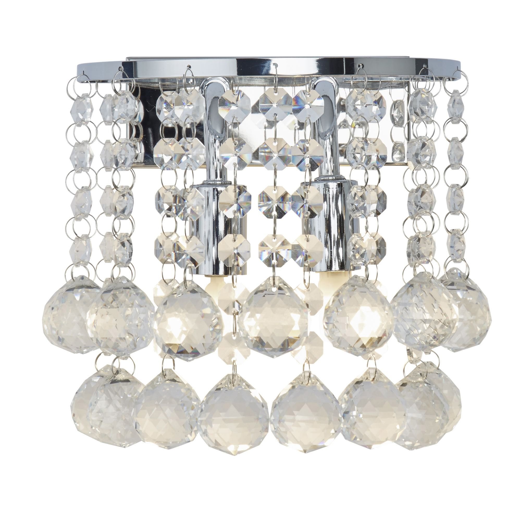 Searchlight Hampstead Chrome 2 Light Round Wall Bracket With Clear Crystal Balls