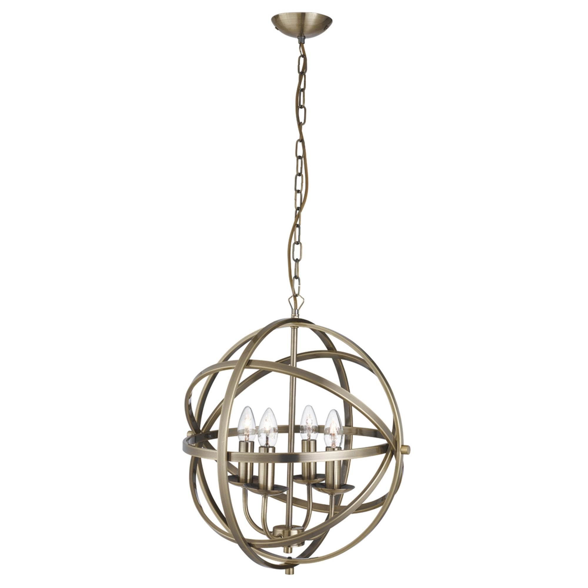 Searchlight Oliver 4 Light Cage Frame Orb Pendant, Antique Brass