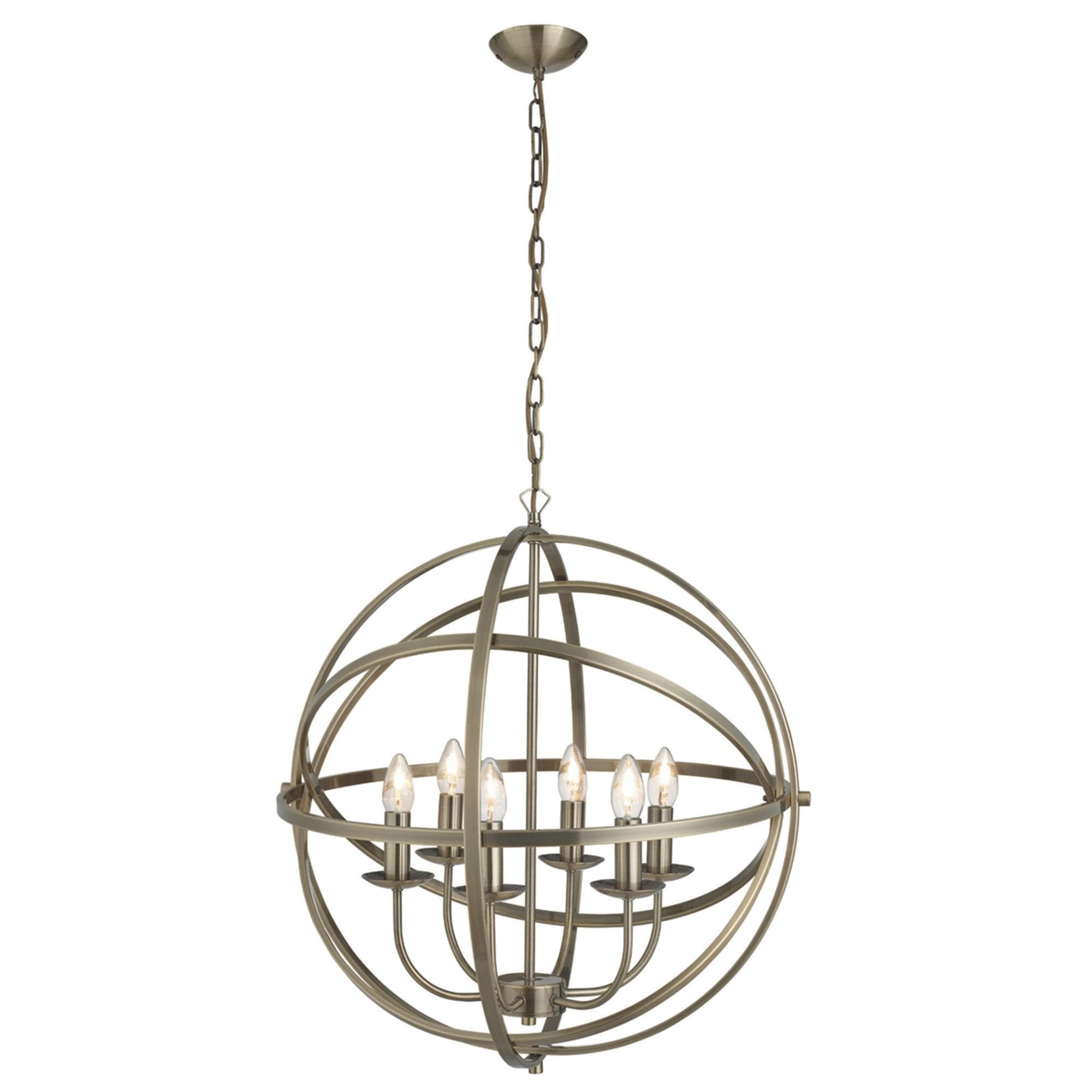 Searchlight Oliver 6 Light Cage Frame Orb Pendant, Antique Brass
