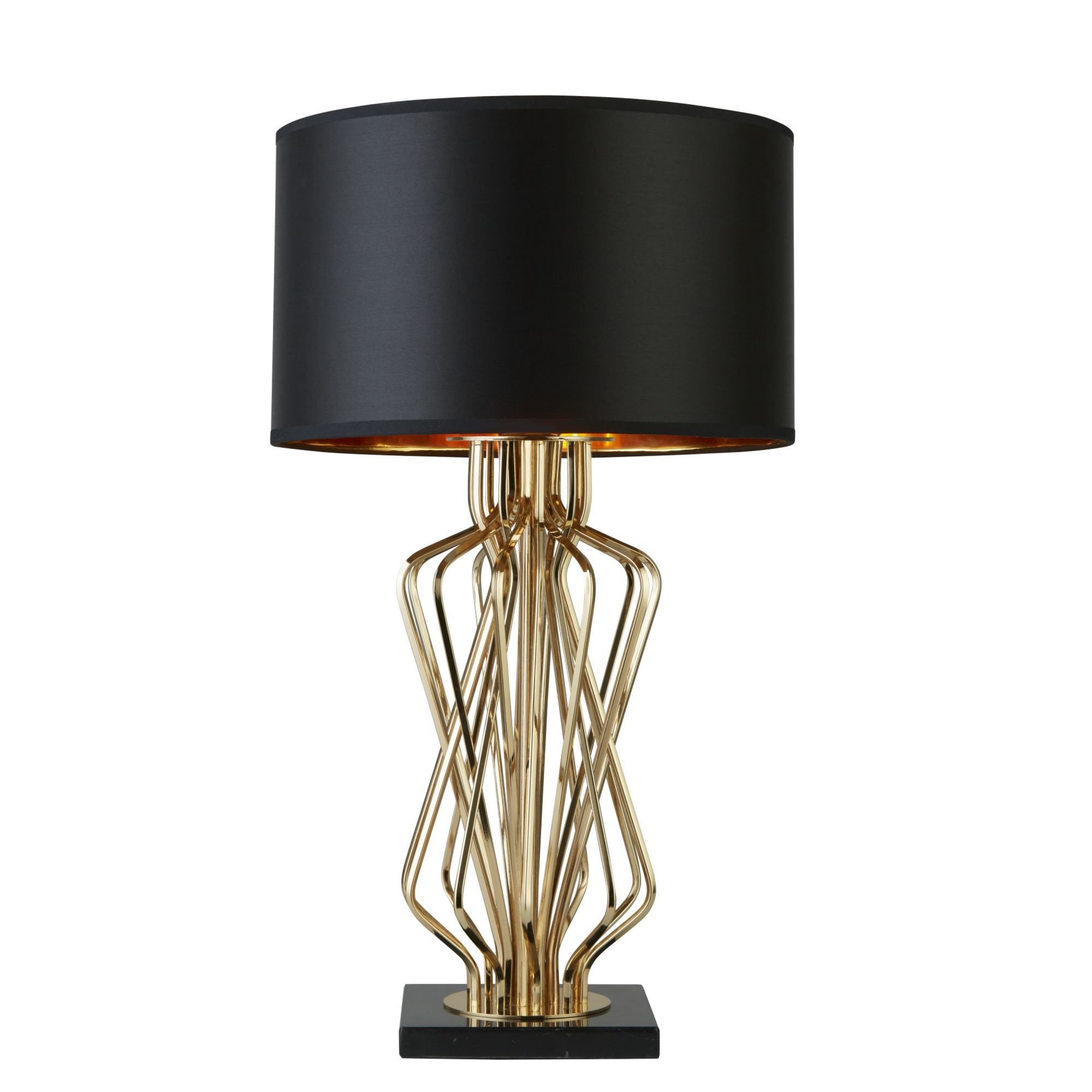 Searchlight Effingham Table Lamp With Marble Base, Gold With Black Drum Shade, Gold Interior