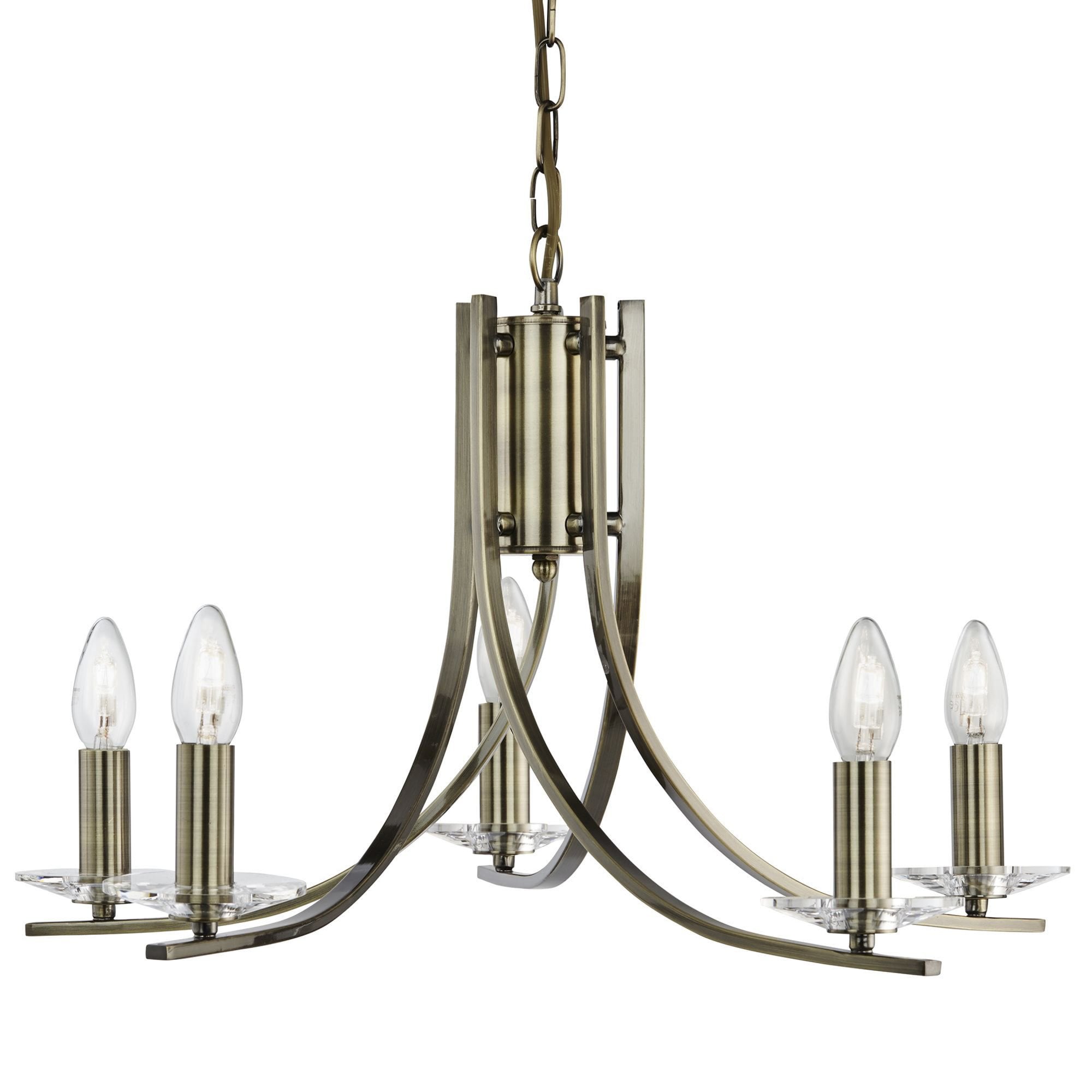 Searchlight Archer Antique Brass 5 Light Pendant Fitting With Clear Glass Sconces