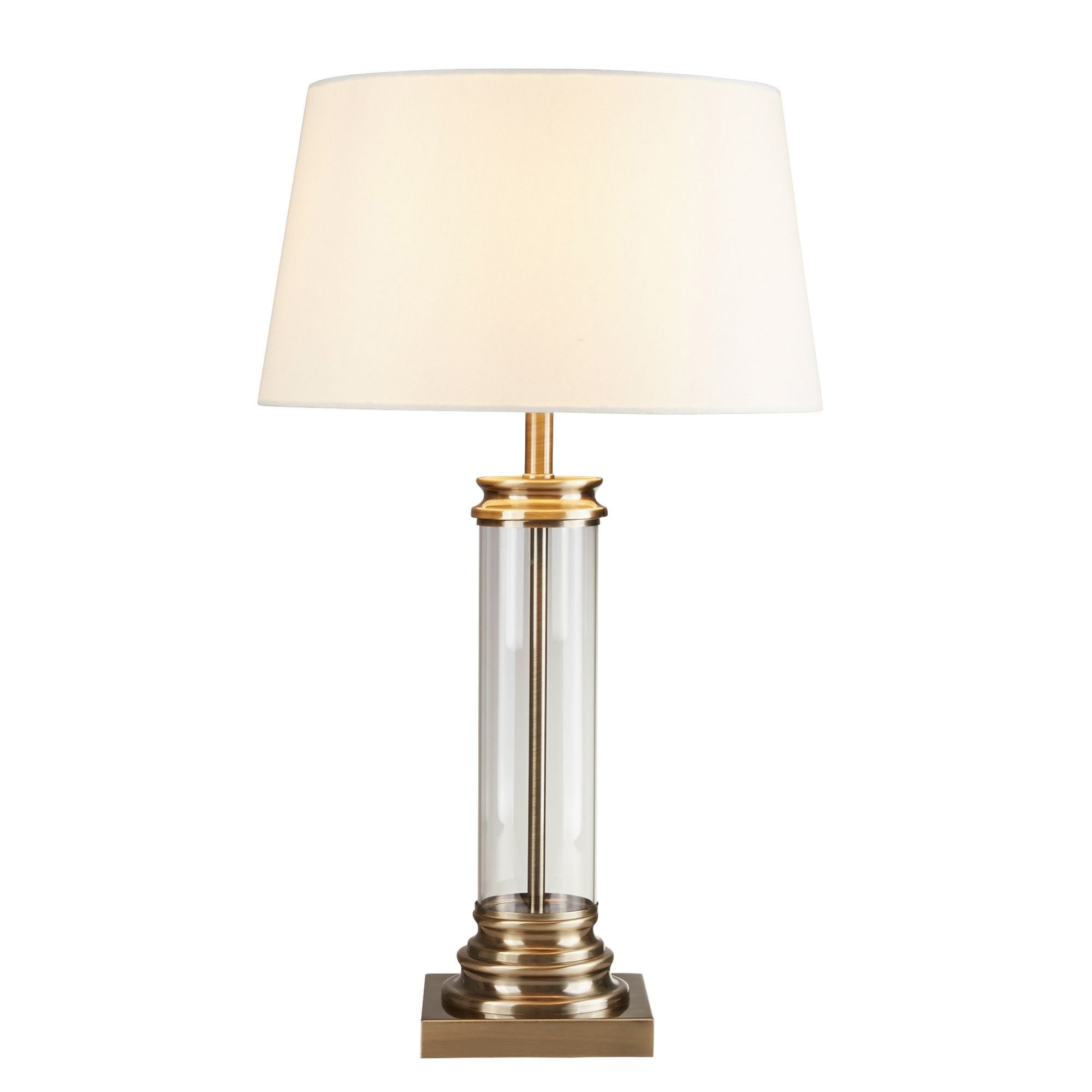 Searchlight Paulton Table Lamp - Glass Column & Antique Brass Base, Cream Shade