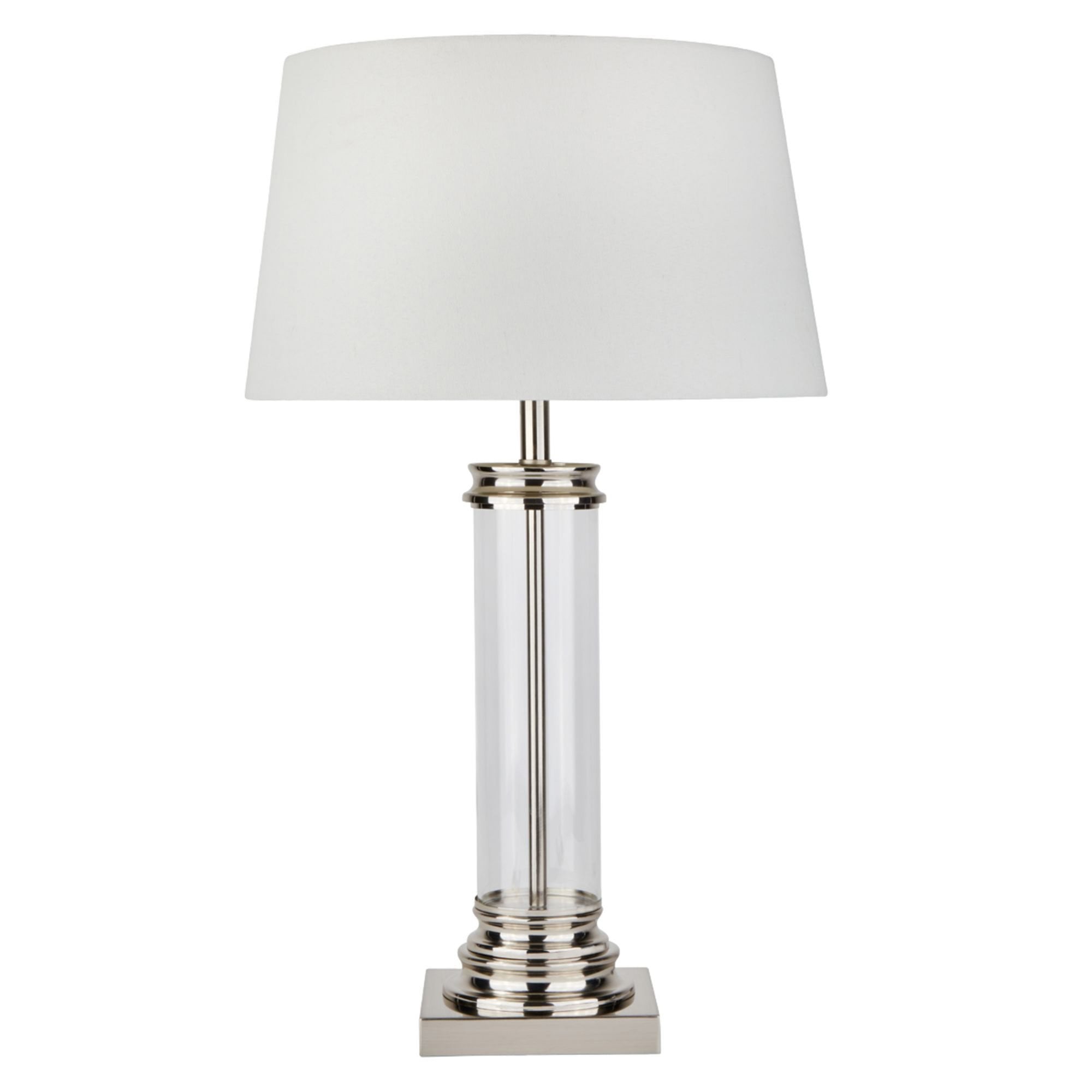 Searchlight Paulton Table Lamp - Glass Column & Satin Silver Base, Cream Shade