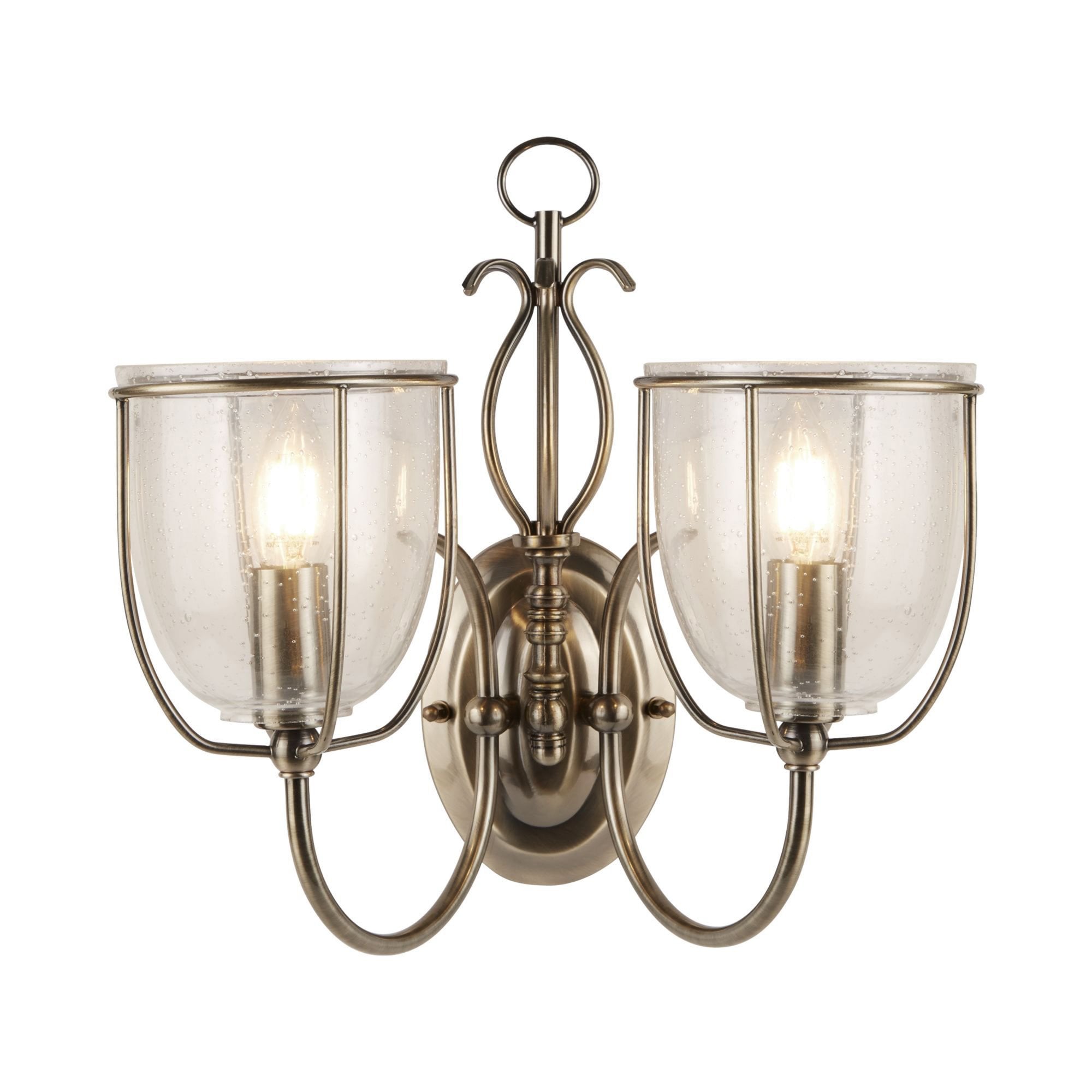 Searchlight Sims Antique Brass 2 Light Wall, Clear Seeded Glasses, Switched