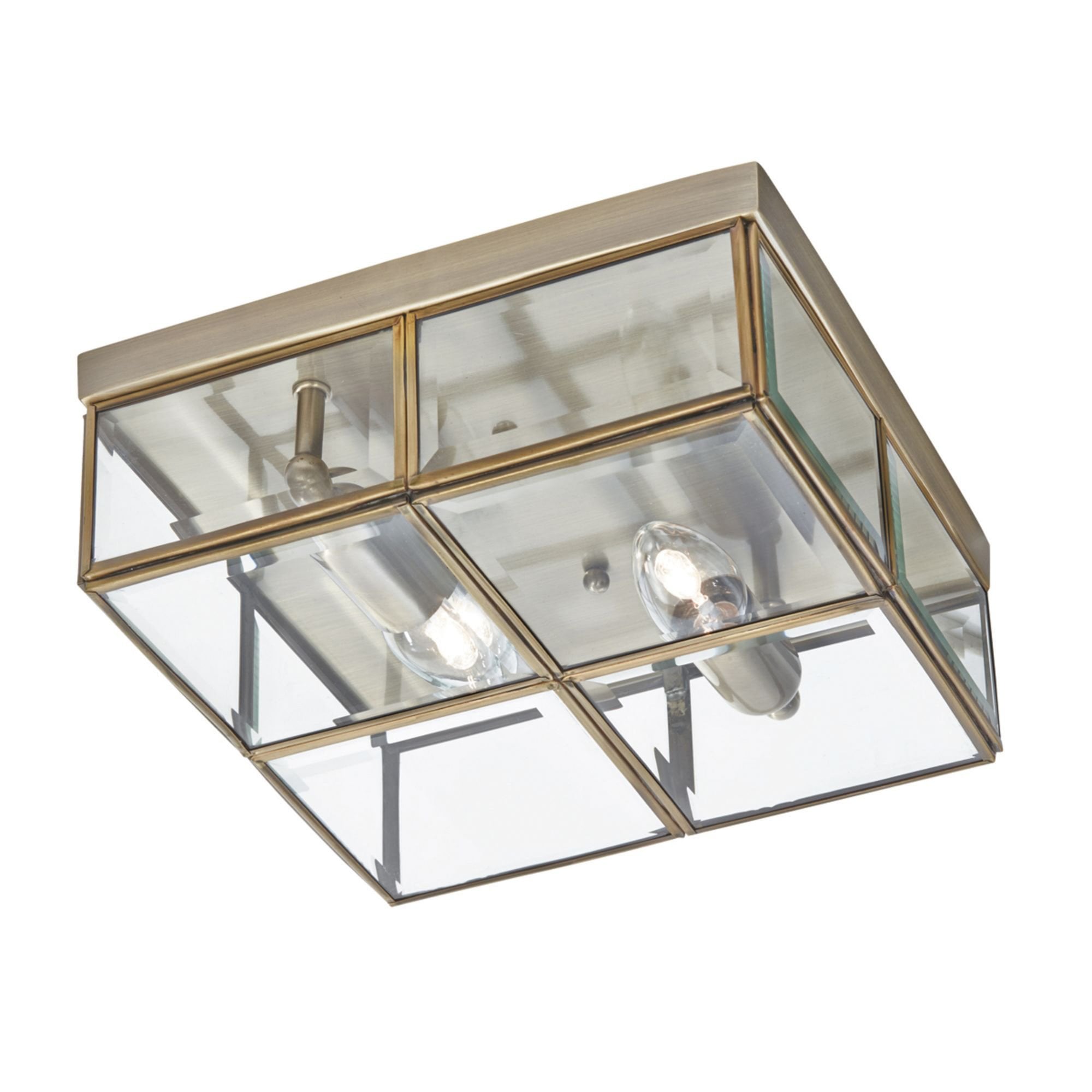 Searchlight Angela Antique Brass 2 Light Flush Fitting With Clear Bevelled Glass Shade