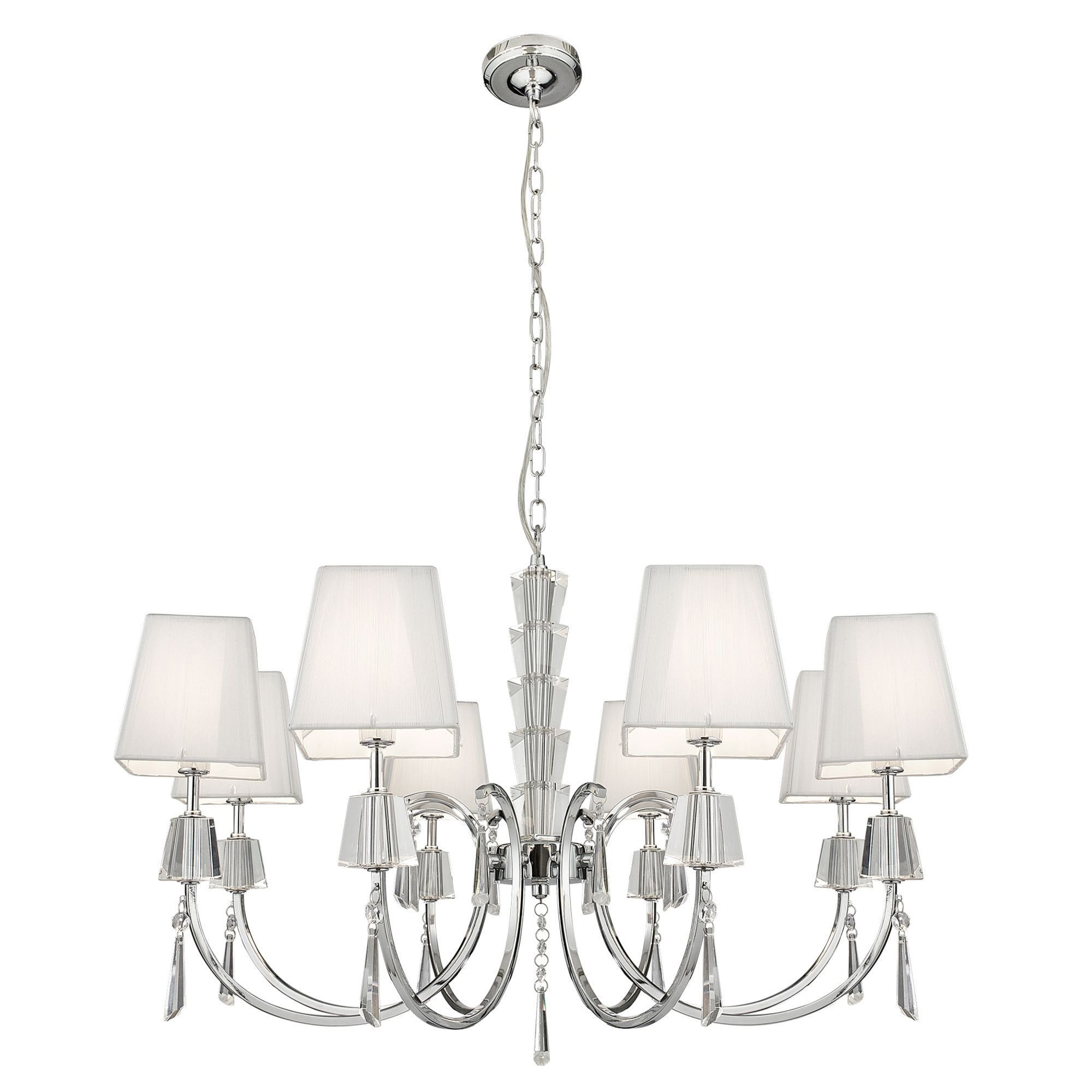 Searchlight Pilgrim Chrome 8 Light Pendant With Crystal Drops & Square White String Shades