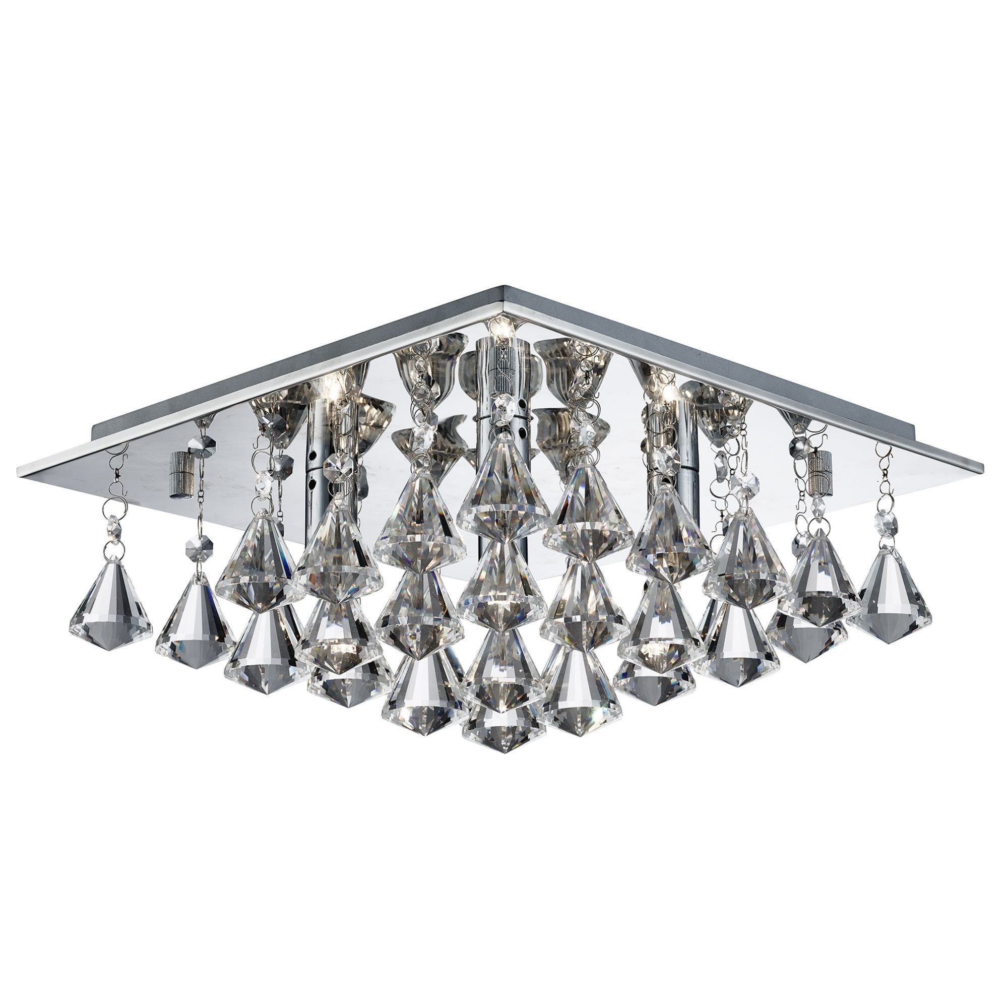 Searchlight Hampstead - 4 Light Square Flush Ceiling, Chrome, Clear Crystal Pyramid Drops