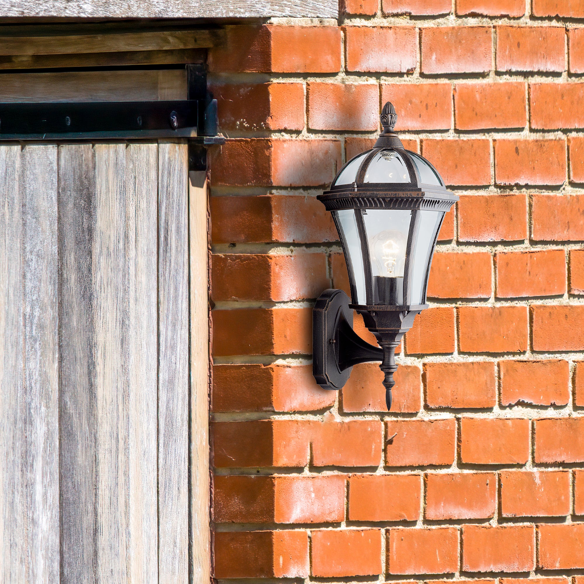 Searchlight Cairns Outdoor Up Wall Light - Rustic Brown & Glass - IP44