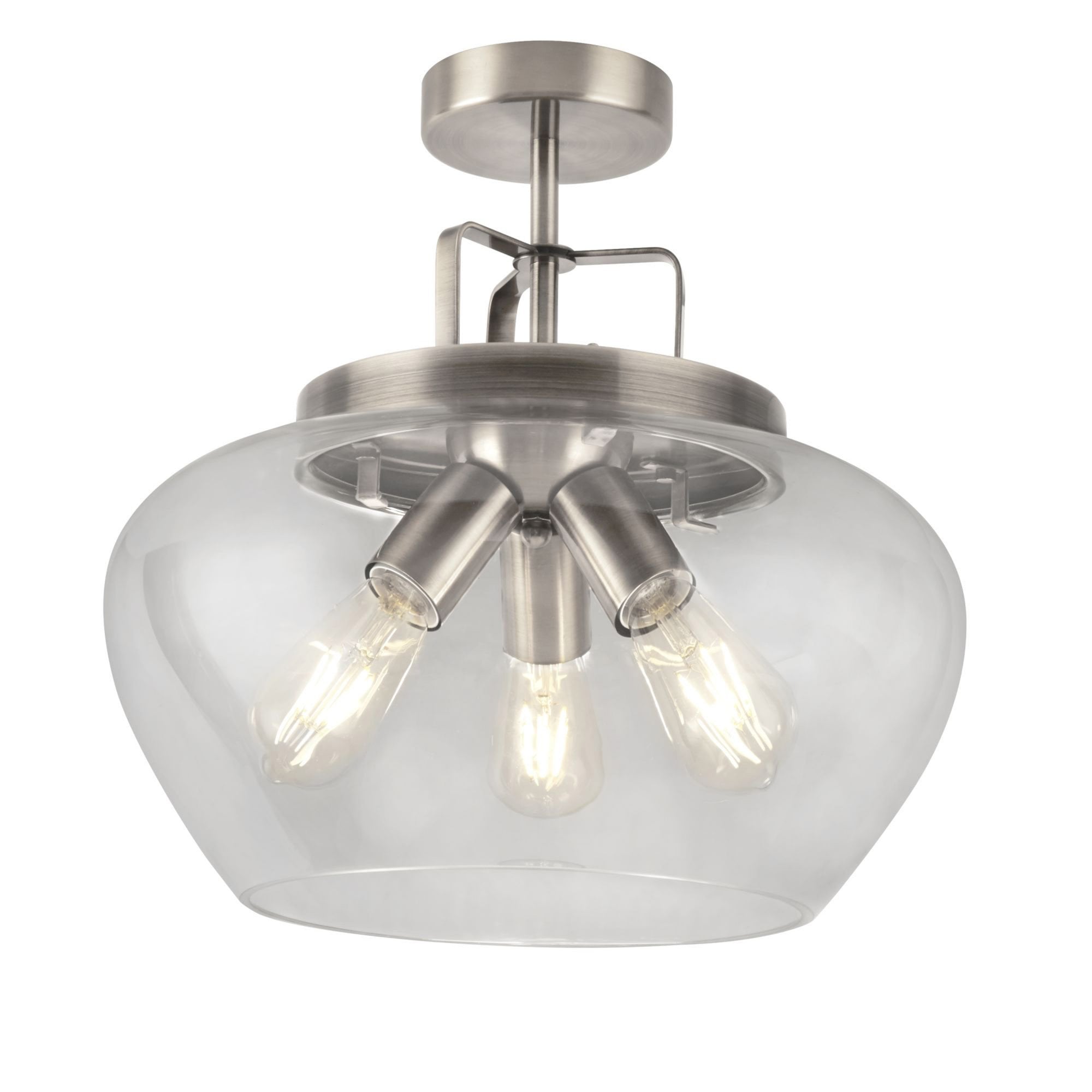 Searchlight Burleigh 3 Light Semi-Flush Ceiling Light - Silver & Clear Glass