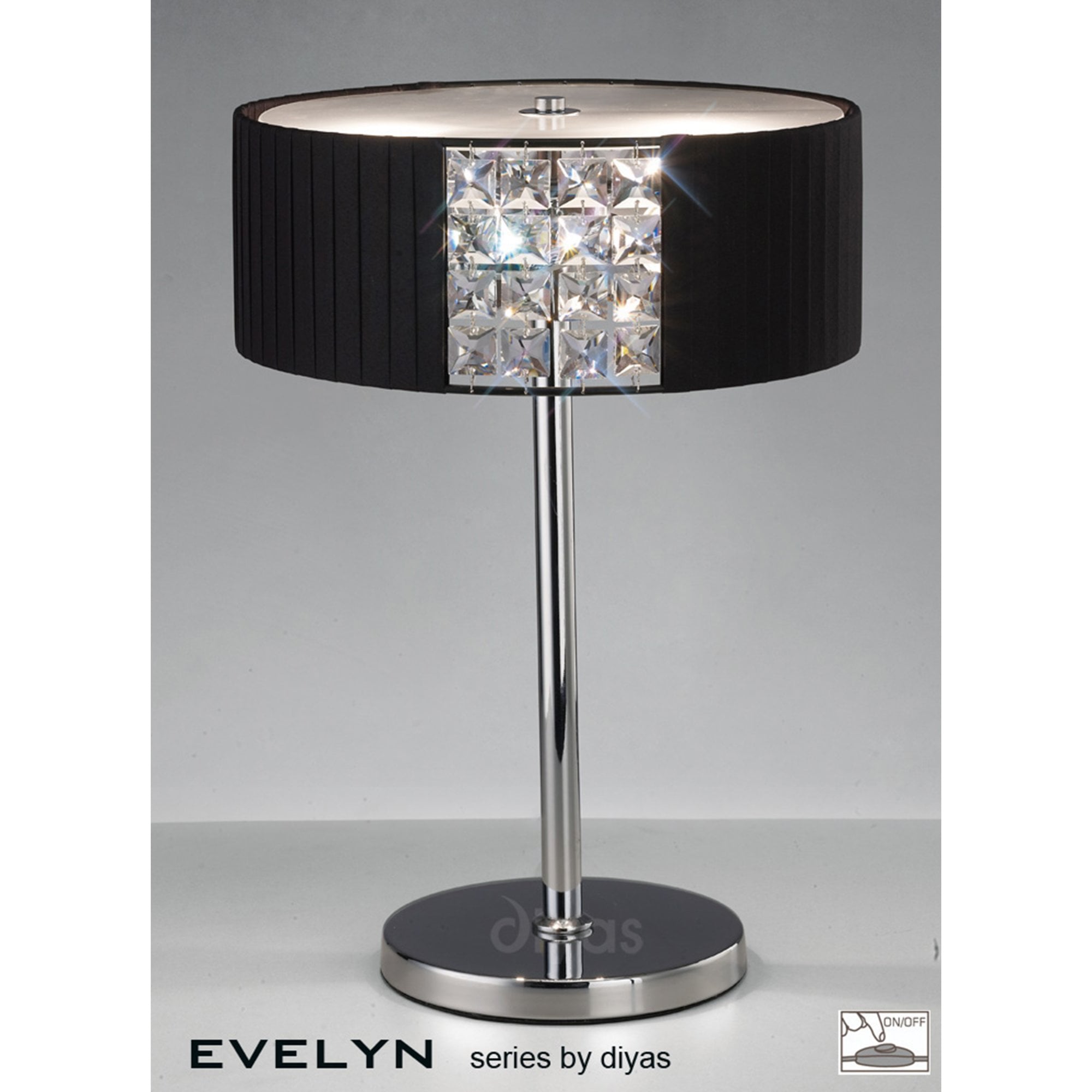 Diyas IL31170/BL Evelyn Table Lamp Round With Black Shade 2 Light Polished Chrome/Crystal