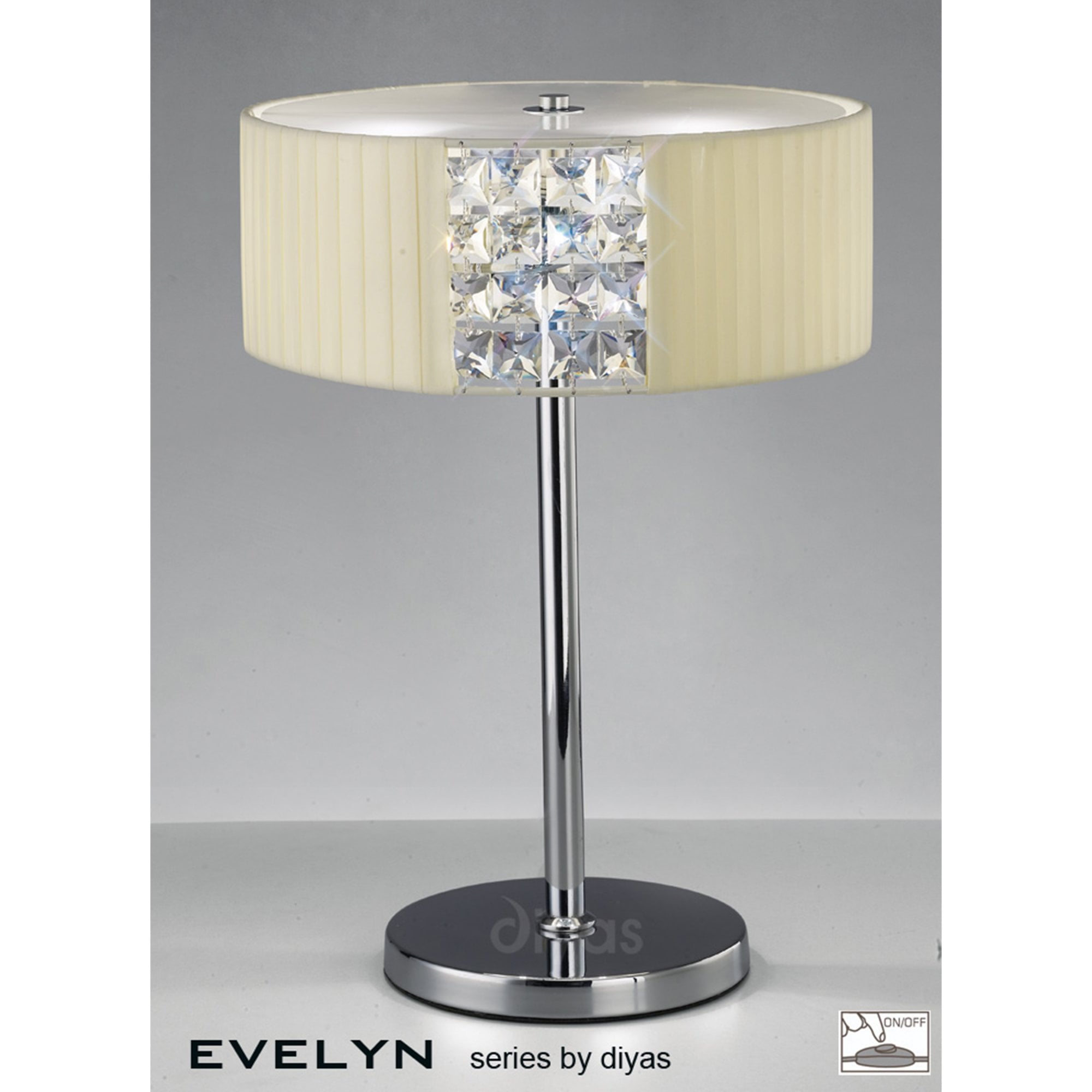 Diyas IL31170/CR Evelyn Table Lamp Round With Cream Shade 2 Light Polished Chrome/Crystal