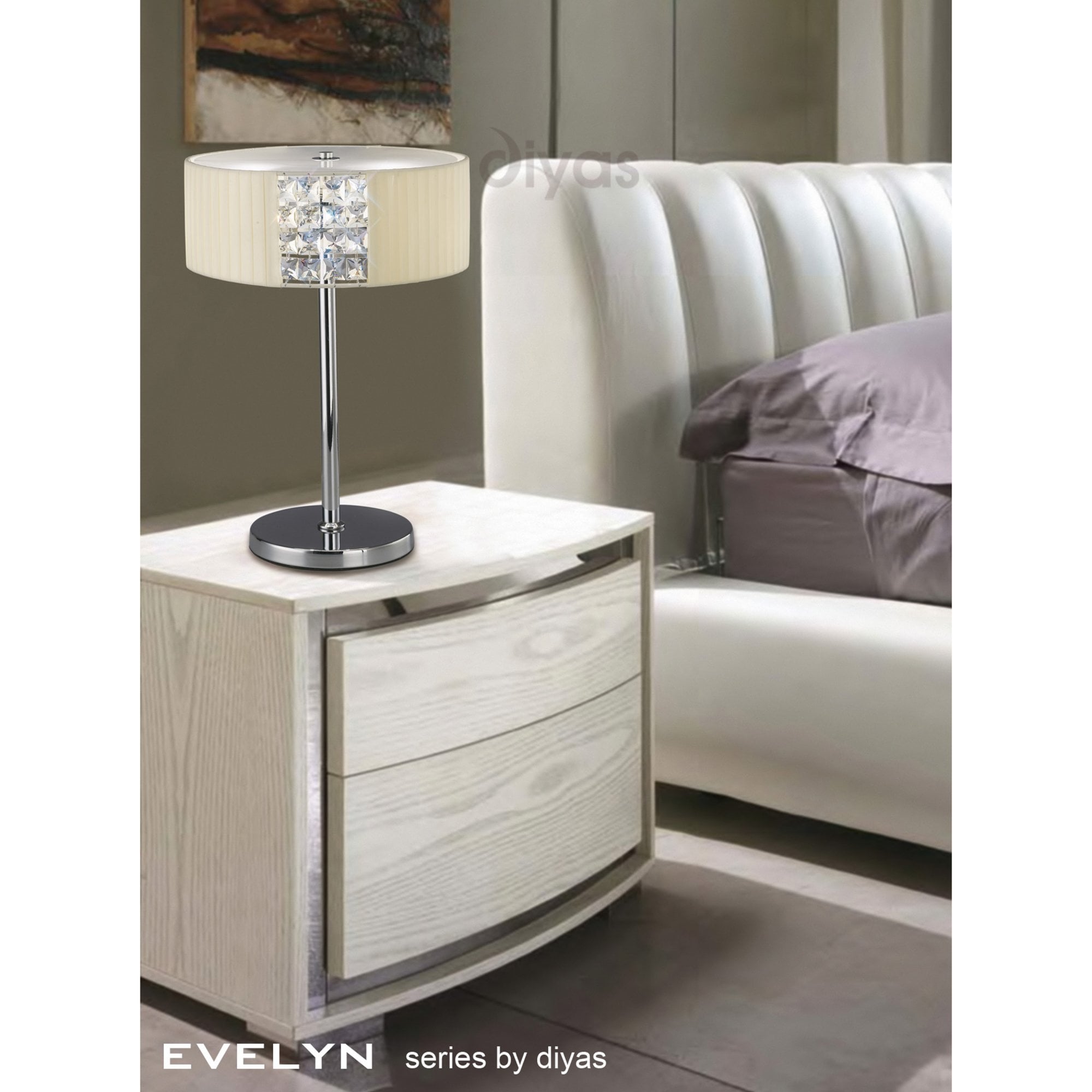Diyas IL31170/CR Evelyn Table Lamp Round With Cream Shade 2 Light Polished Chrome/Crystal