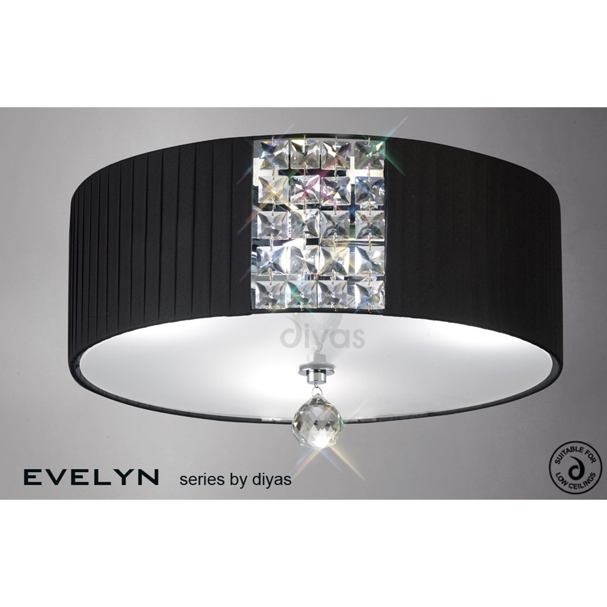 Diyas IL31172/BL Evelyn Ceiling Round With Black Shade 3 Light Polished Chrome/Crystal
