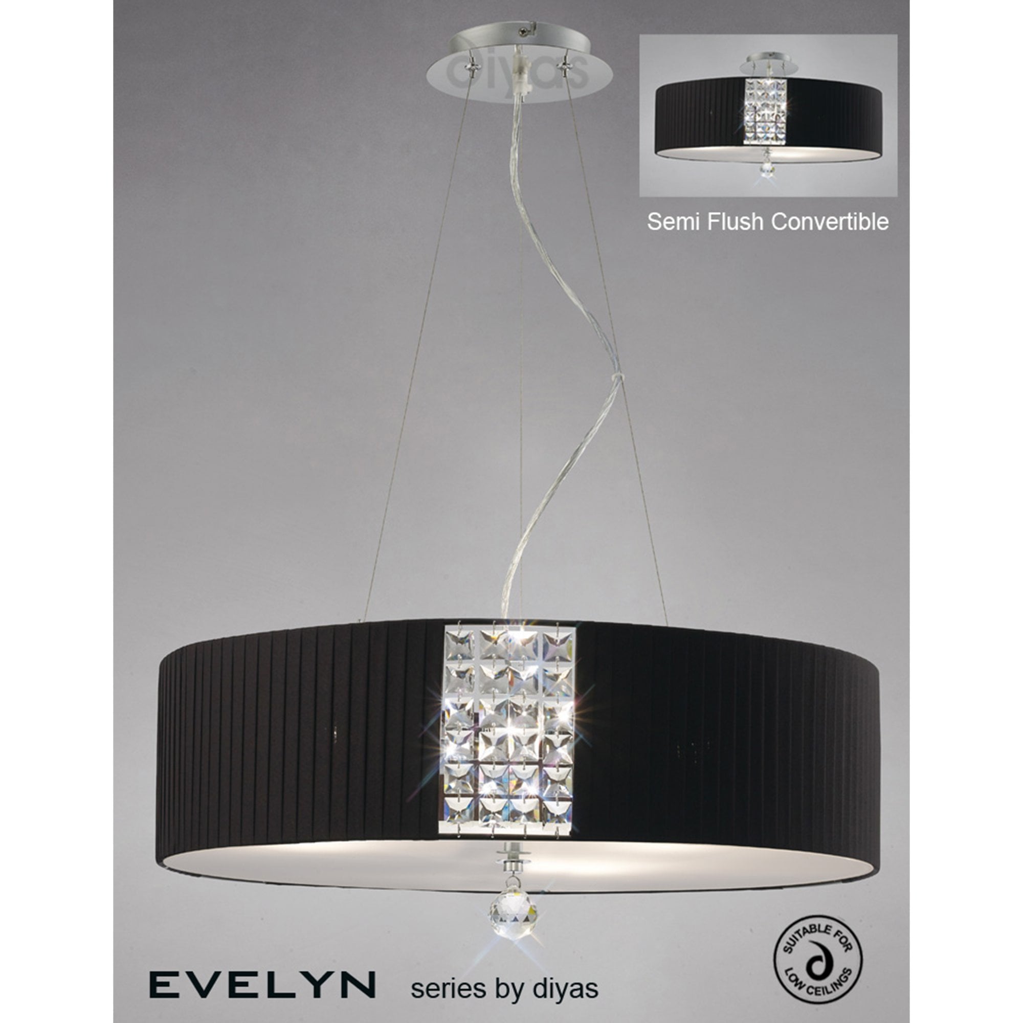 Diyas IL31174/BL Evelyn Pendant Round With Black Shade 5 Light Polished Chrome/Crystal