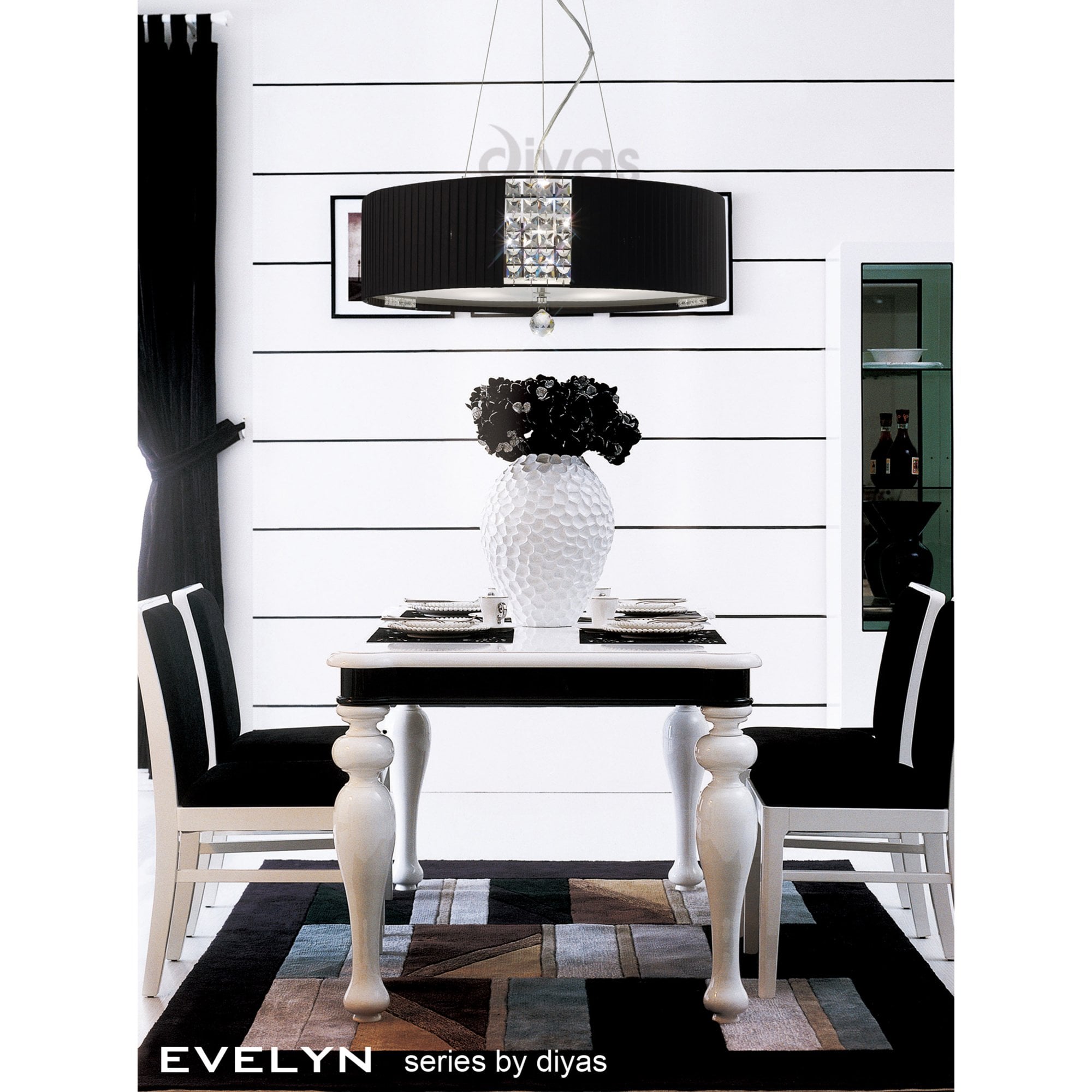 Diyas IL31174/BL Evelyn Pendant Round With Black Shade 5 Light Polished Chrome/Crystal