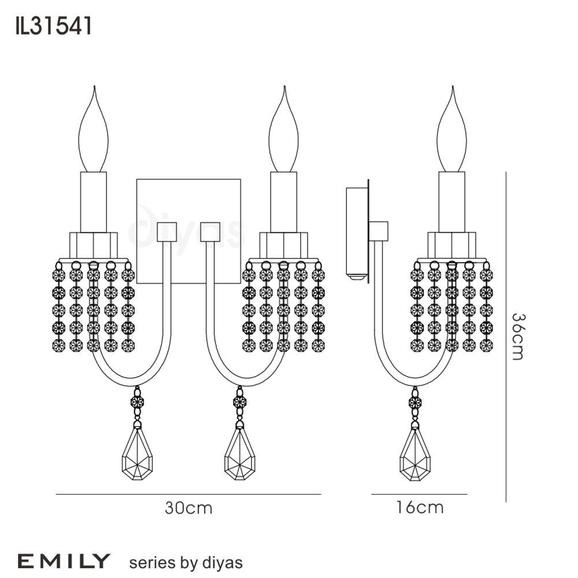 Diyas IL31541 Emily Wall Light Switched 2 Light Polished Chrome/Crystal