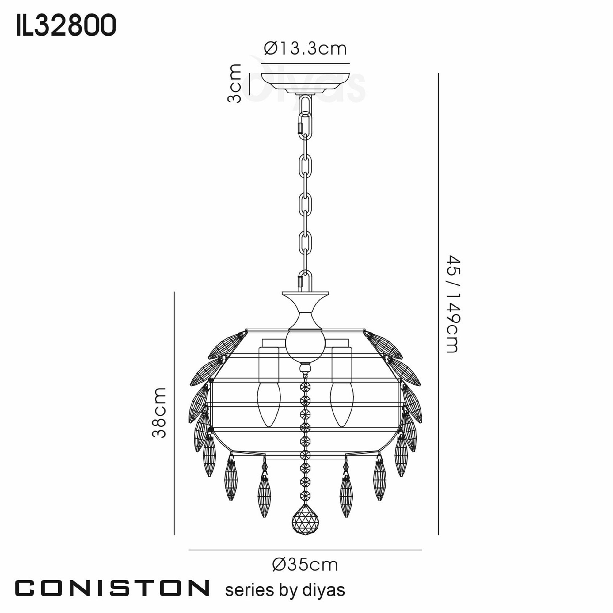 Diyas Coniston Pendant 3 Light E14 - Polished Chrome/Crystal
