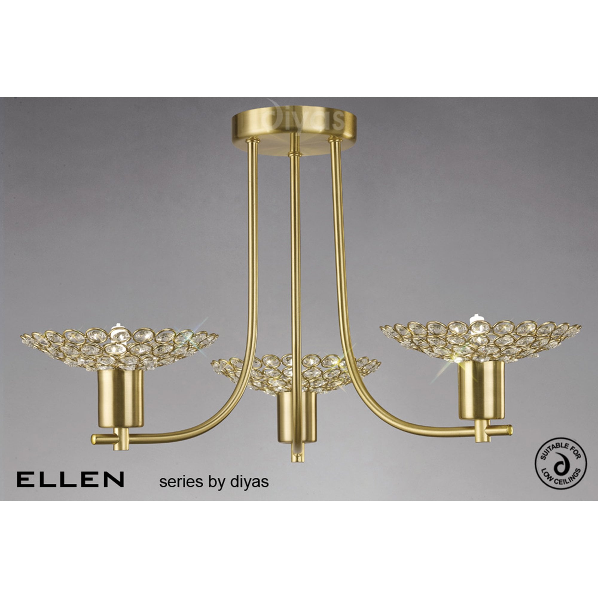 Diyas IL20601 Ellen Semi Ceiling 3 Light Satin Brass/Crystal