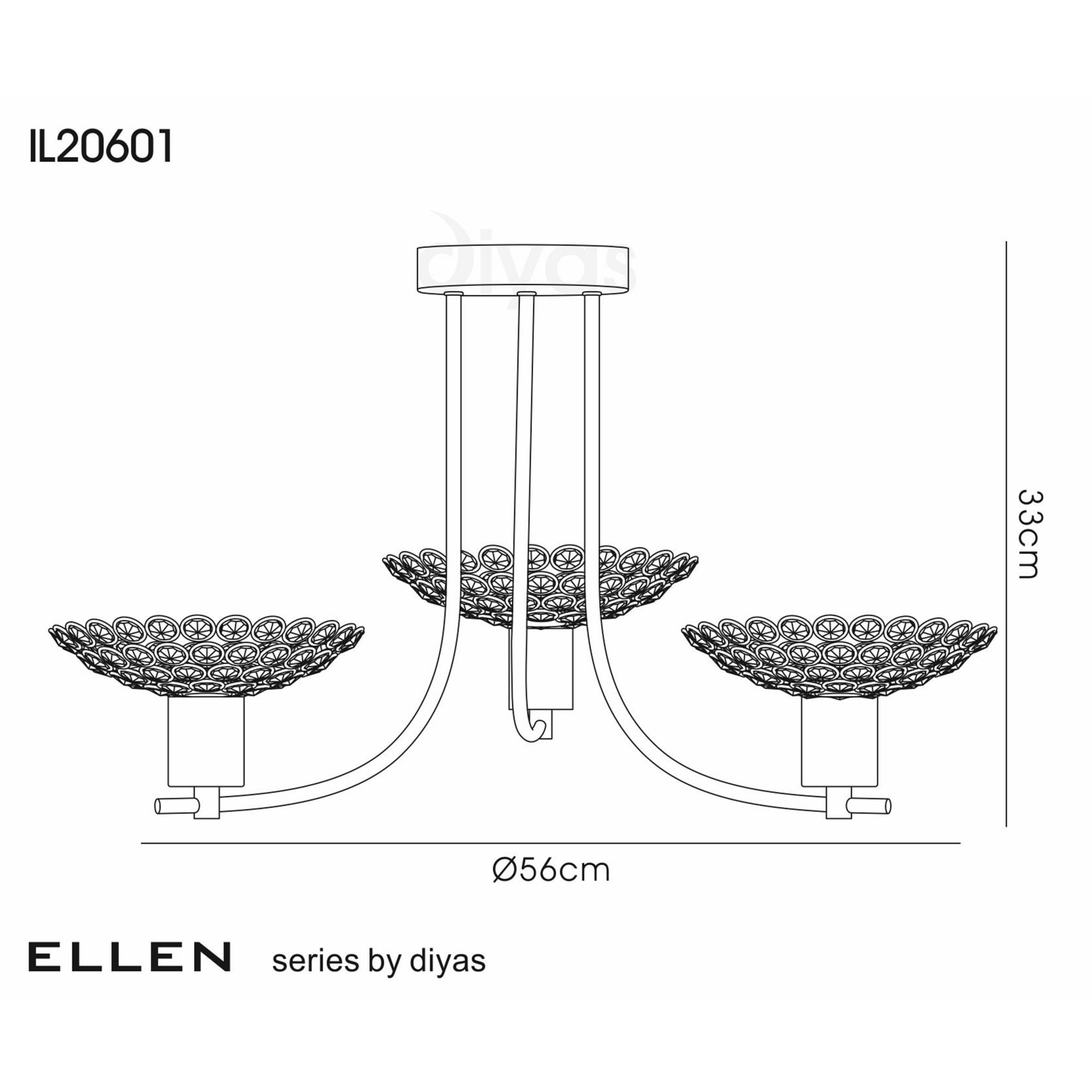Diyas IL20601 Ellen Semi Ceiling 3 Light Satin Brass/Crystal
