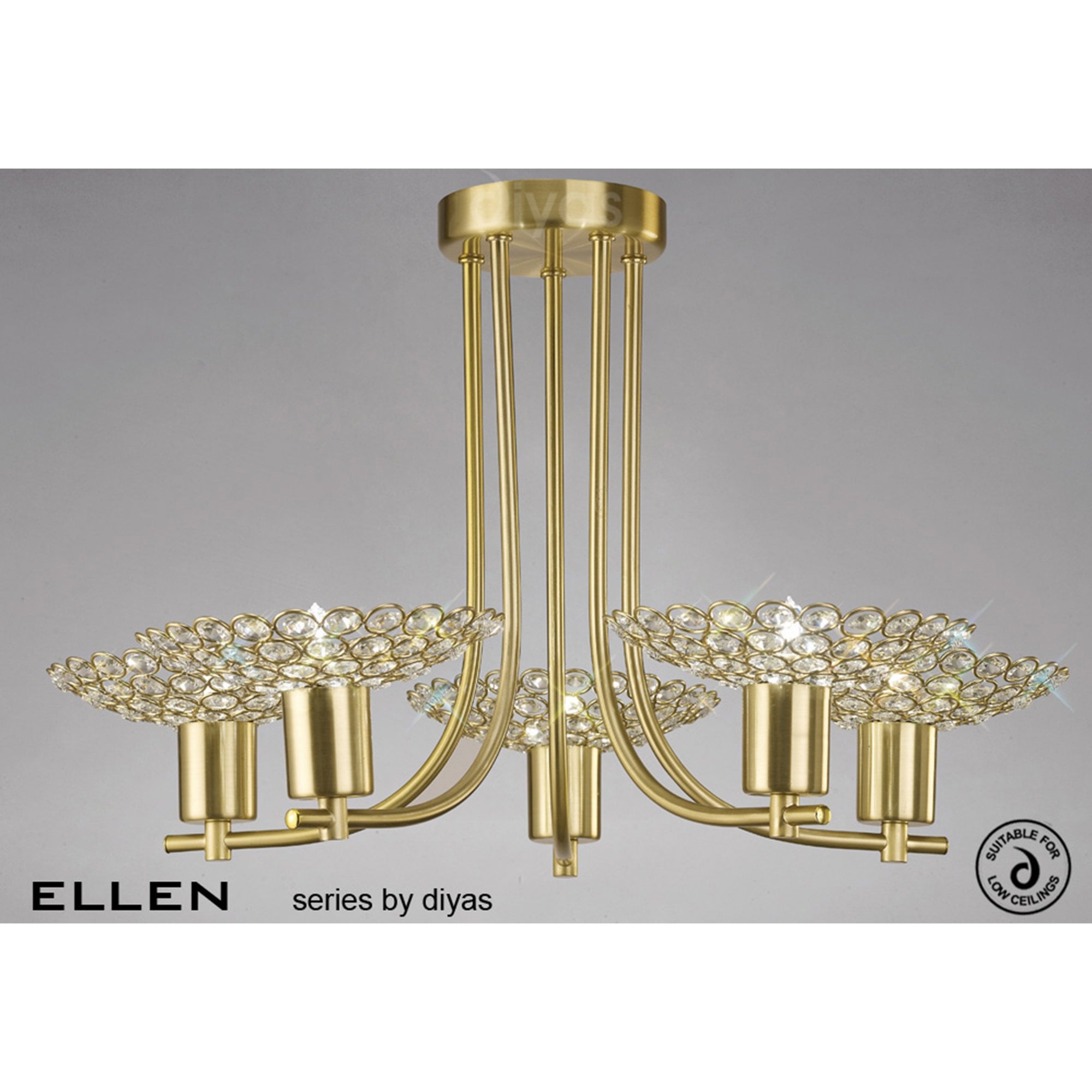 Diyas IL20602 Ellen Semi Ceiling 5 Light Satin Brass/Crystal