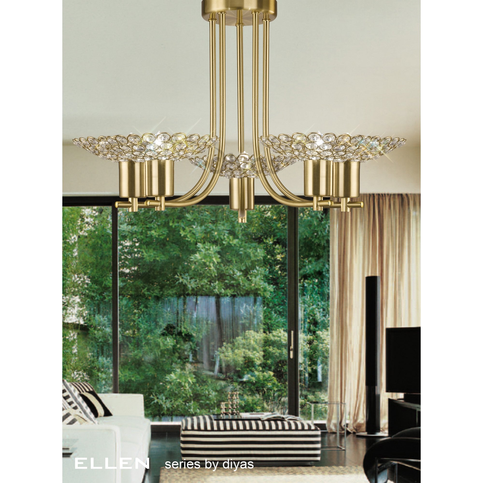 Diyas IL20602 Ellen Semi Ceiling 5 Light Satin Brass/Crystal