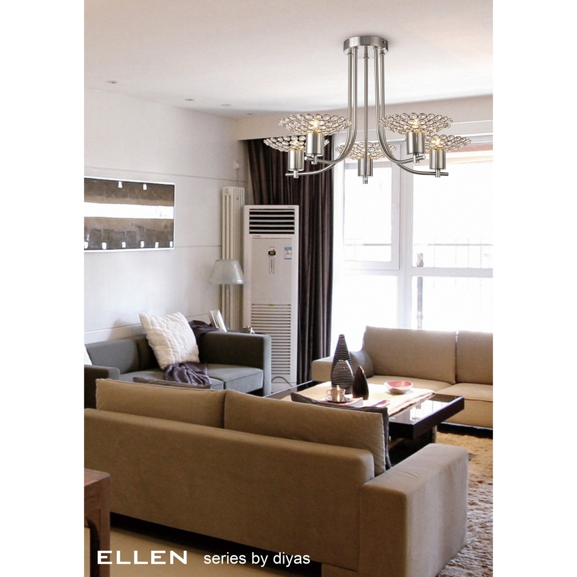 Diyas IL20607 Ellen Semi Ceiling 5 Light Satin Nickel/Crystal