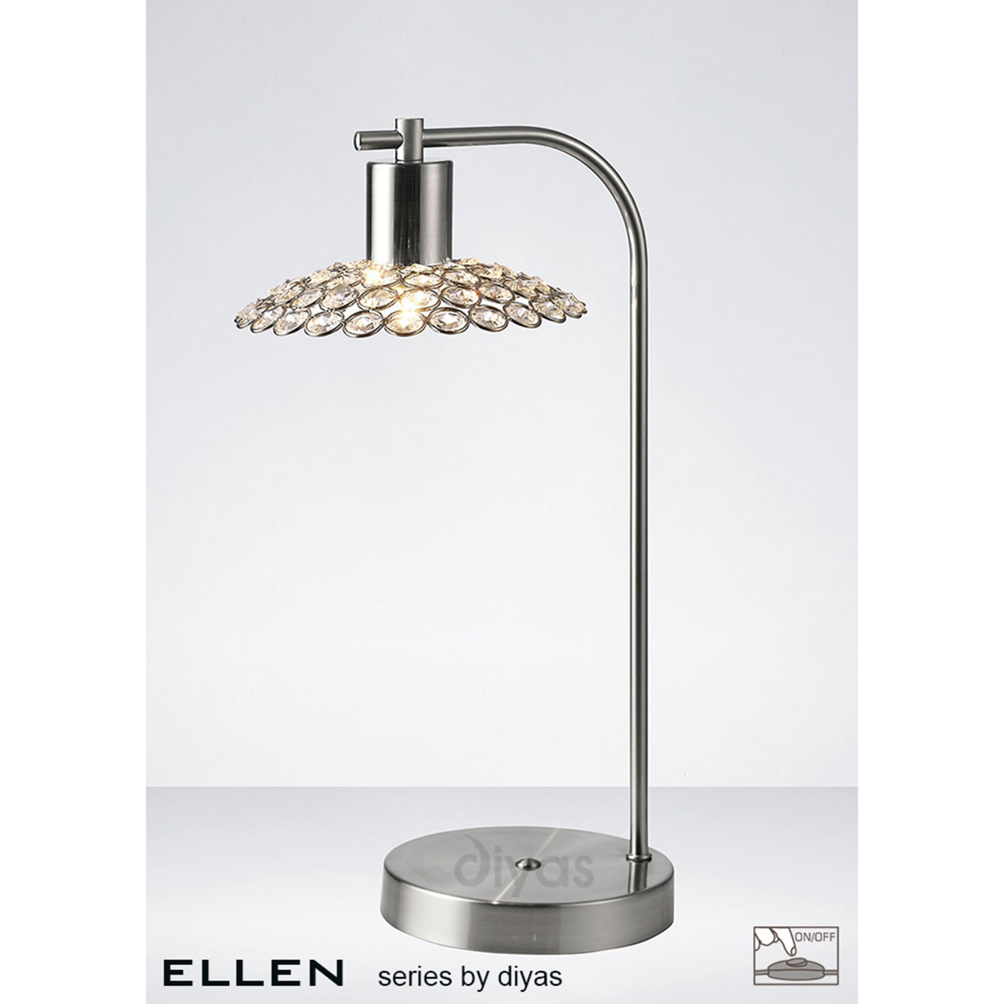 Diyas IL20608 Ellen 1 Light Table Lamp Satin Nickel/Crystal