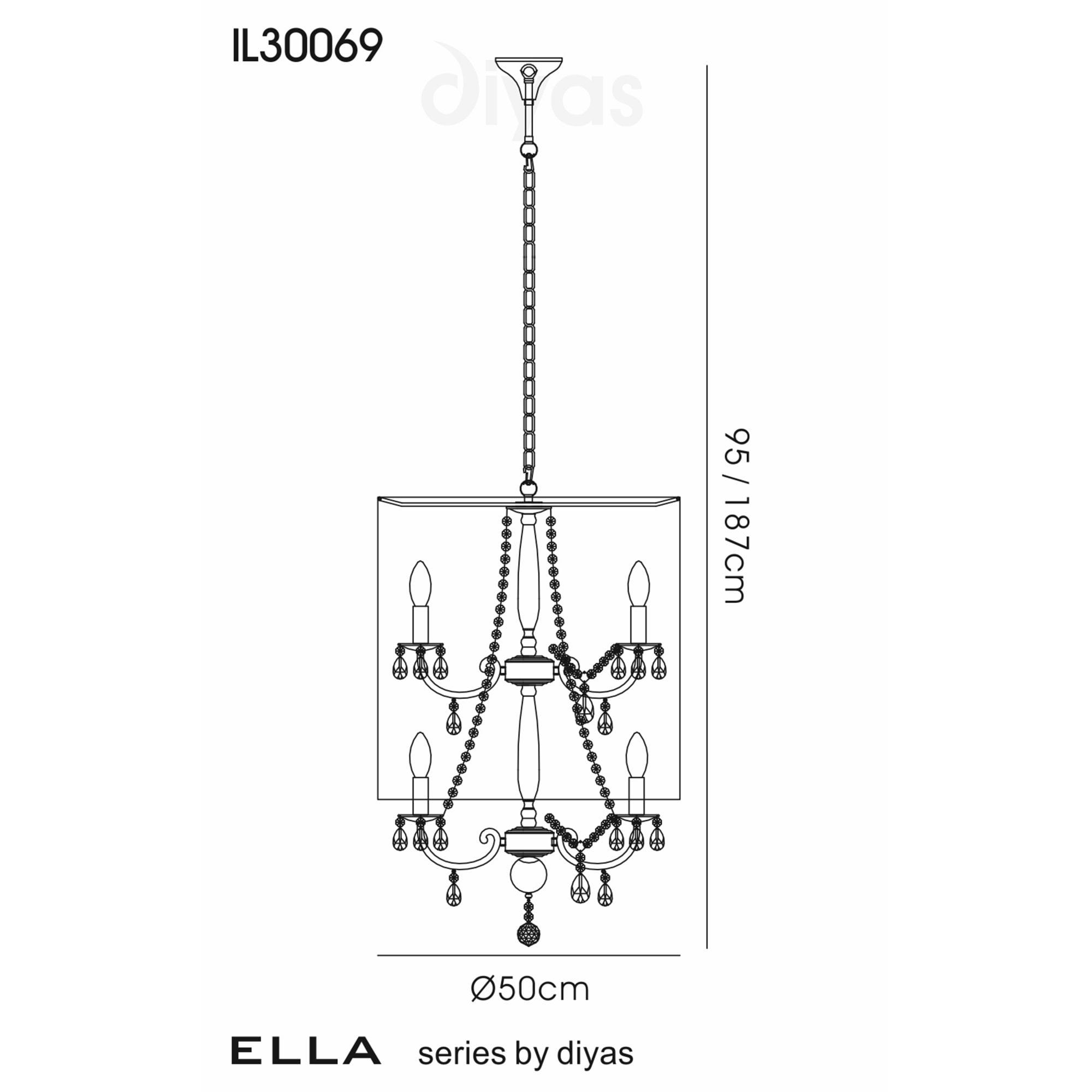 Diyas IL30069 Ella Pendant With Ivory Cream Shade 8 Light Antique Brass/Crystal