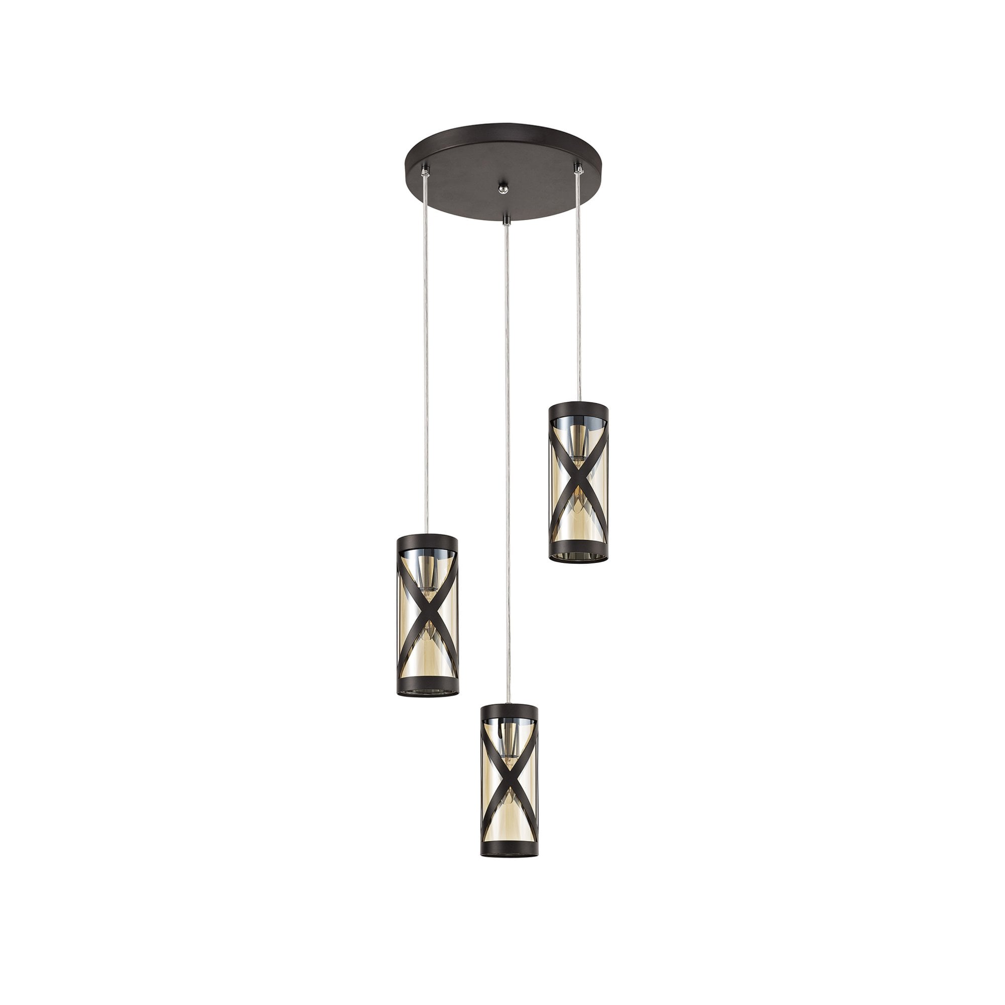 Fabula Leaden 3 Light Round Pendant - Oiled Bronze, Polished Chrome & Amber Glass